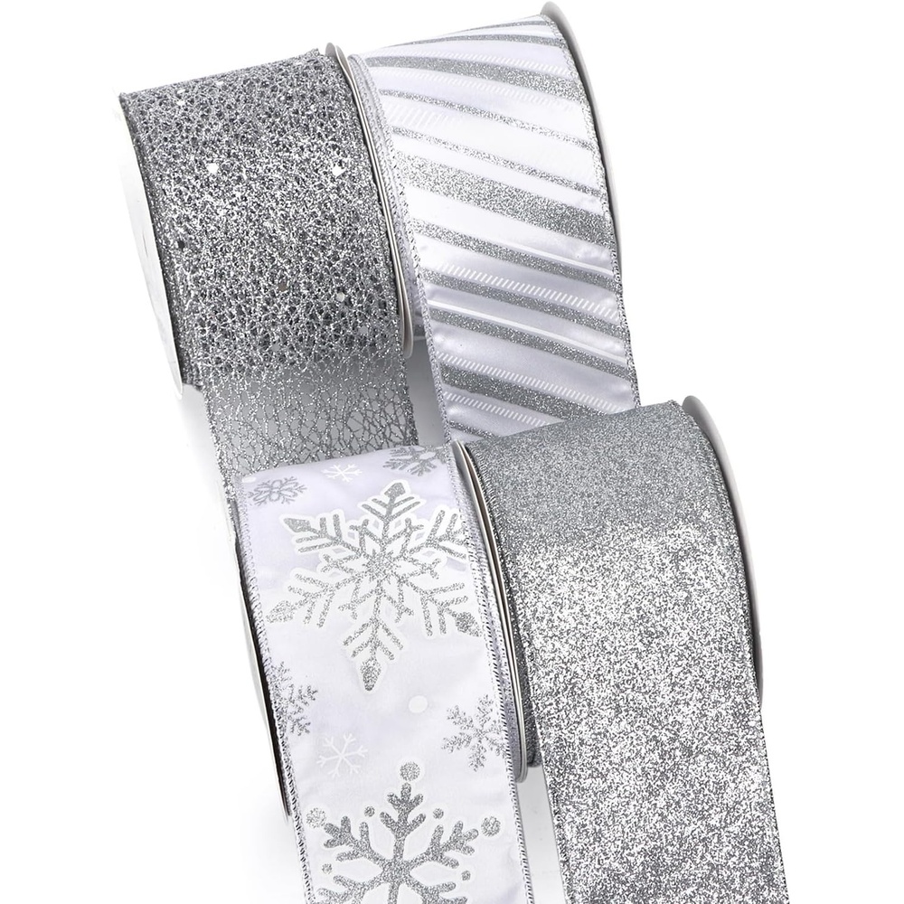 Ribbli Silver Wired Ribbon for Christmas Tree,Glitter Mesh Snowflake Stripe Christmas Ribbon for Crafts,Wreaths,Topper Bow,Gift Wrapping,Tree Decoration-4Rolls 2-1/2 Inch Total 40 Yard(Silver)