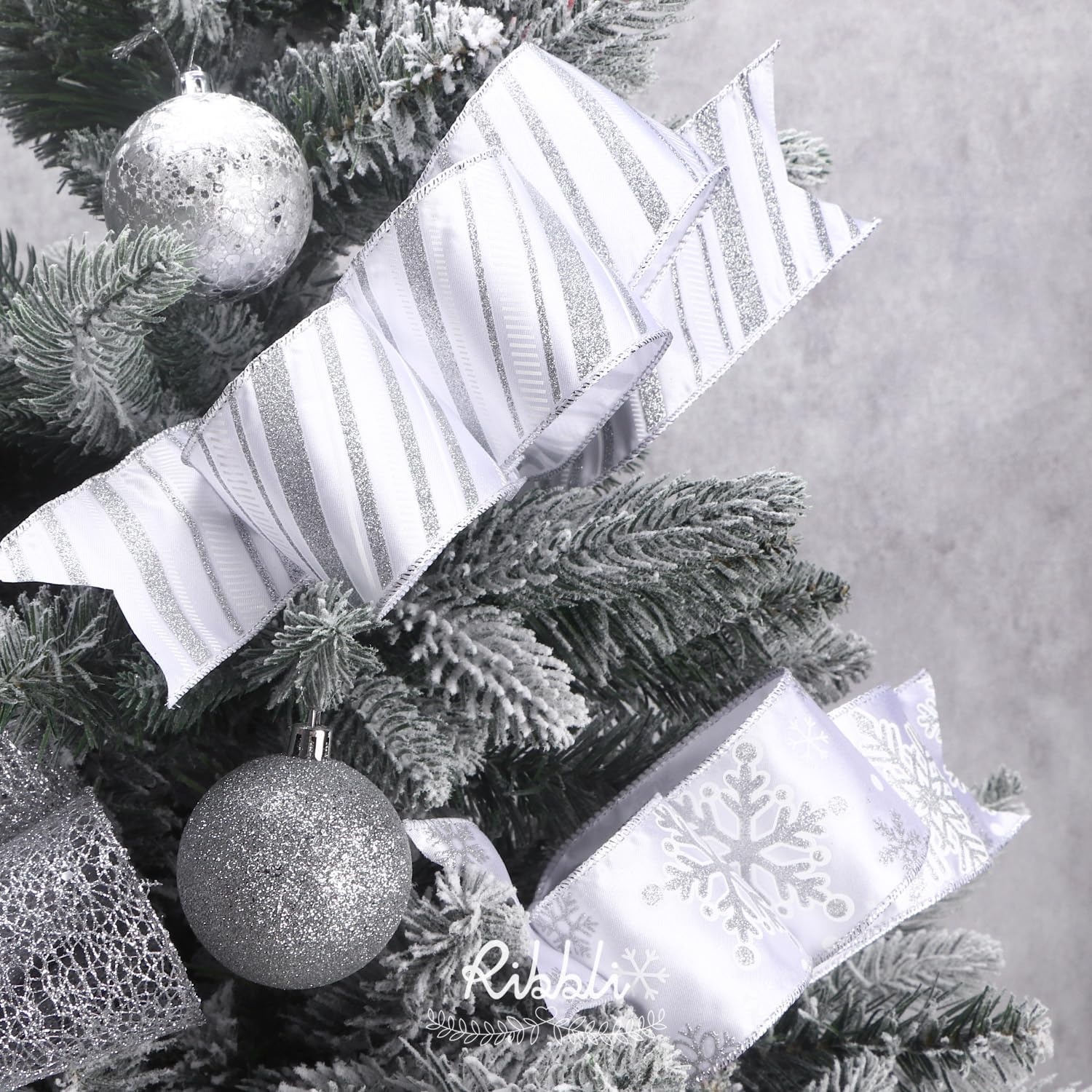 Ribbli Silver Wired Ribbon for Christmas Tree,Glitter Mesh Snowflake Stripe Christmas Ribbon for Crafts,Wreaths,Topper Bow,Gift Wrapping,Tree Decoration-4Rolls 2-1/2 Inch Total 40 Yard(Silver)
