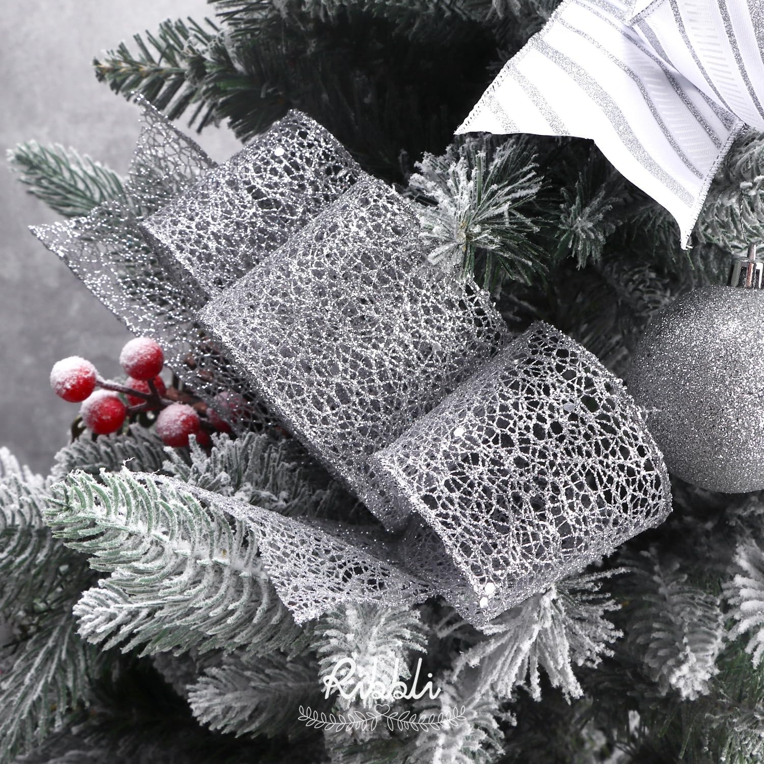 Ribbli Silver Wired Ribbon for Christmas Tree,Glitter Mesh Snowflake Stripe Christmas Ribbon for Crafts,Wreaths,Topper Bow,Gift Wrapping,Tree Decoration-4Rolls 2-1/2 Inch Total 40 Yard(Silver)