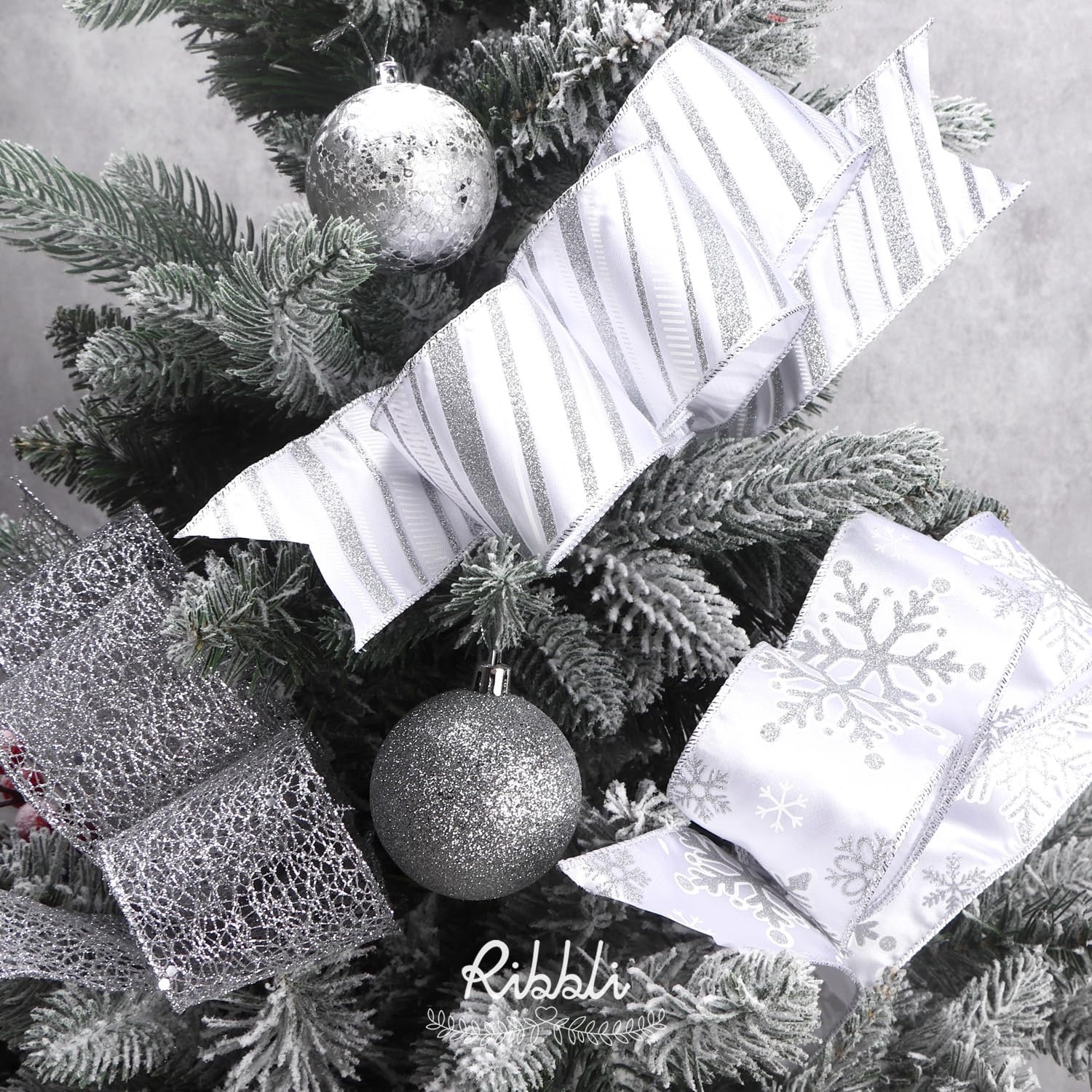 Ribbli Silver Wired Ribbon for Christmas Tree,Glitter Mesh Snowflake Stripe Christmas Ribbon for Crafts,Wreaths,Topper Bow,Gift Wrapping,Tree Decoration-4Rolls 2-1/2 Inch Total 40 Yard(Silver)