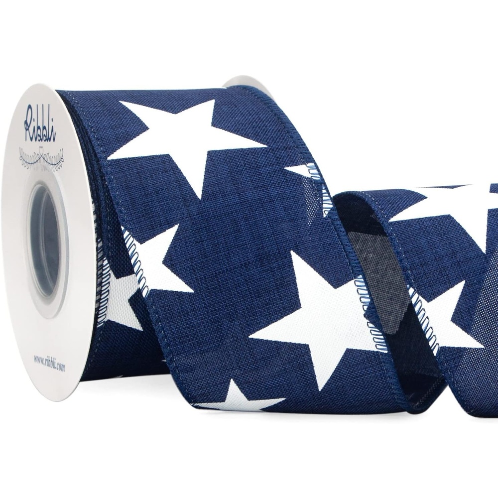 Ribbli Patriotic Wired Ribbon, Royal Blue with White Stars Ribbon, 2-1/2 Inch x 10 Yard 4th of July Ribbon for Wreaths,Crafts,Big Bows,Gift Wrapping,Outdoor Decoration