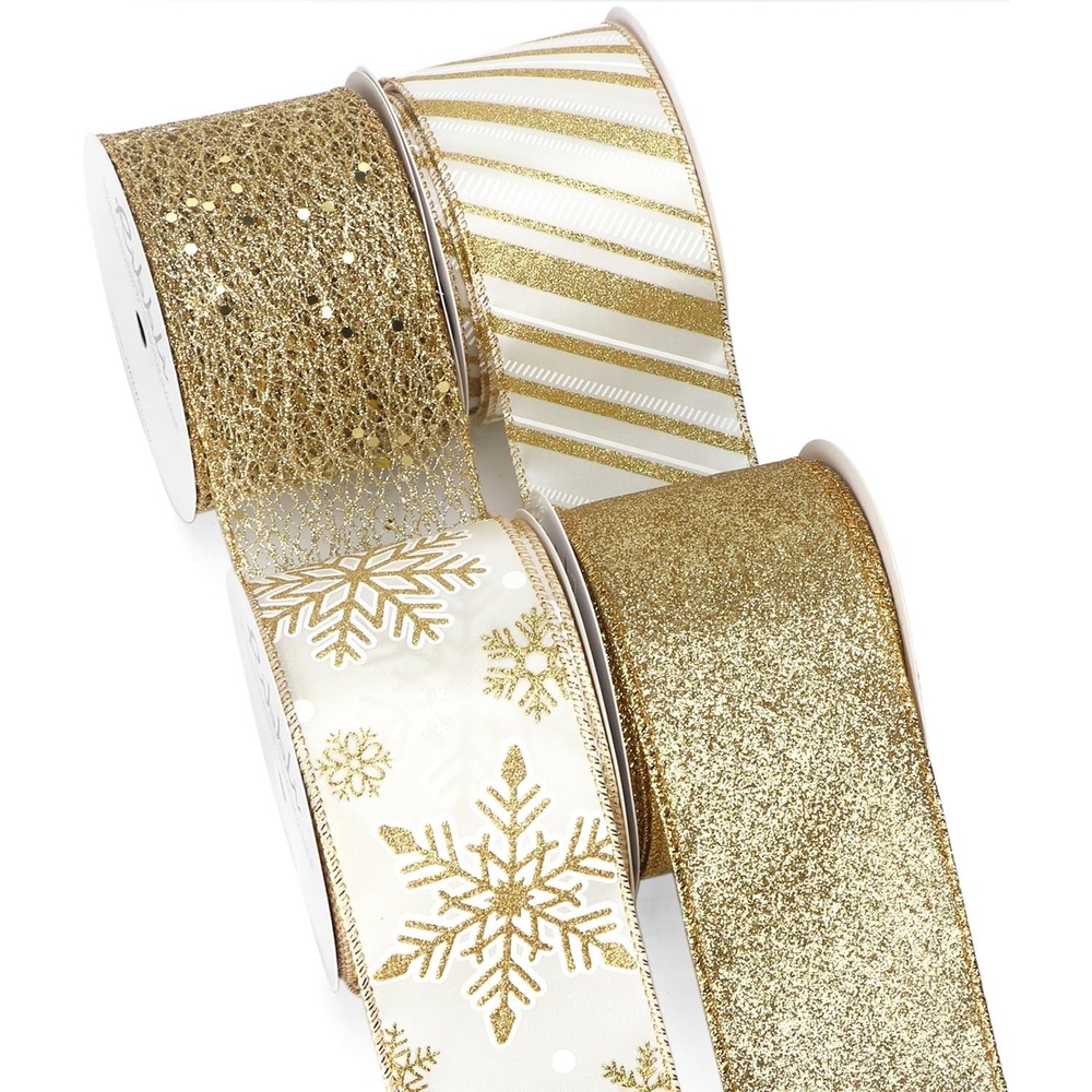 Ribbli Silver Wired Ribbon for Christmas Tree,Glitter Mesh Snowflake Stripe Christmas Ribbon for Crafts,Wreaths,Topper Bow,Gift Wrapping,Tree Decoration-4Rolls 2-1/2 Inch Total 40 Yard(Gold)