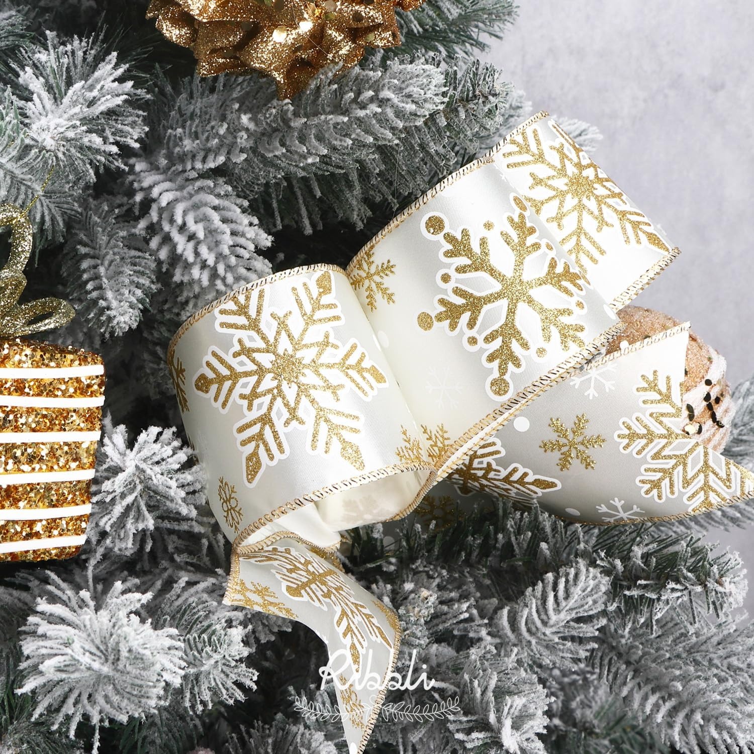 Ribbli Silver Wired Ribbon for Christmas Tree,Glitter Mesh Snowflake Stripe Christmas Ribbon for Crafts,Wreaths,Topper Bow,Gift Wrapping,Tree Decoration-4Rolls 2-1/2 Inch Total 40 Yard(Gold)