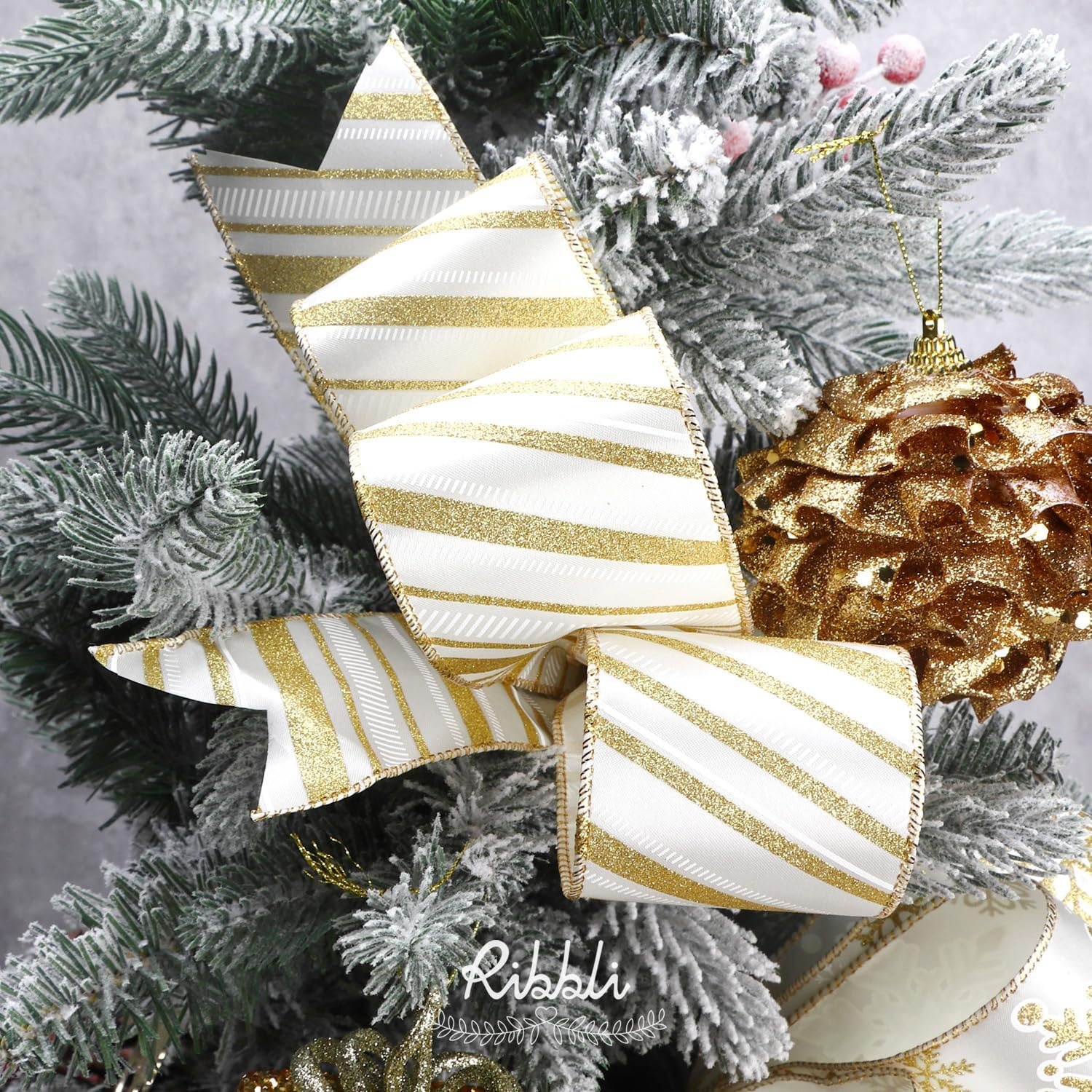 Ribbli Silver Wired Ribbon for Christmas Tree,Glitter Mesh Snowflake Stripe Christmas Ribbon for Crafts,Wreaths,Topper Bow,Gift Wrapping,Tree Decoration-4Rolls 2-1/2 Inch Total 40 Yard(Gold)