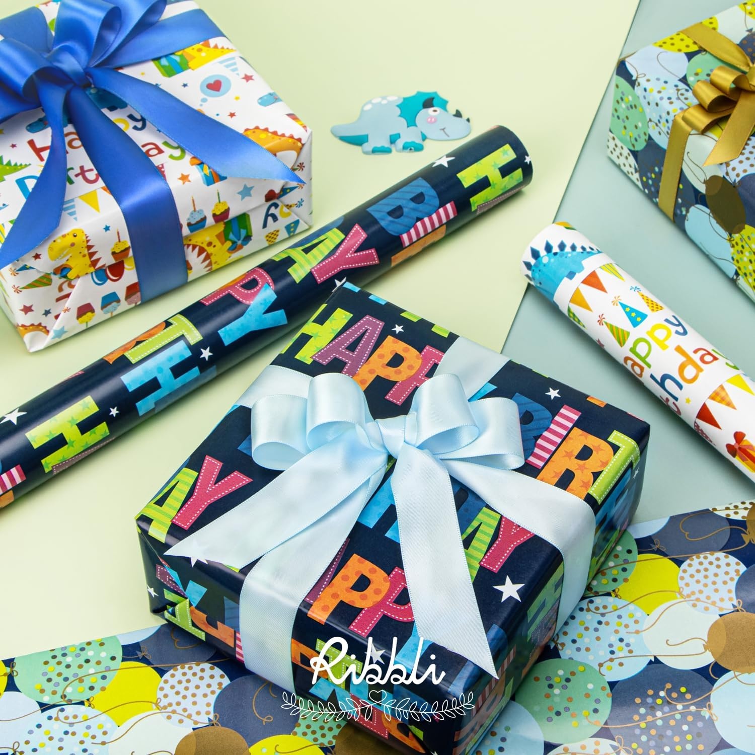 Ribbli Dinosaur Birthday Wrapping Paper 3 Rolls Happy Birthday Dinosaur Balloon Printed Wrapping Paper for Boys- Mini Roll 17 inch x 120 inch(10feet) Per Roll(Blue/White)