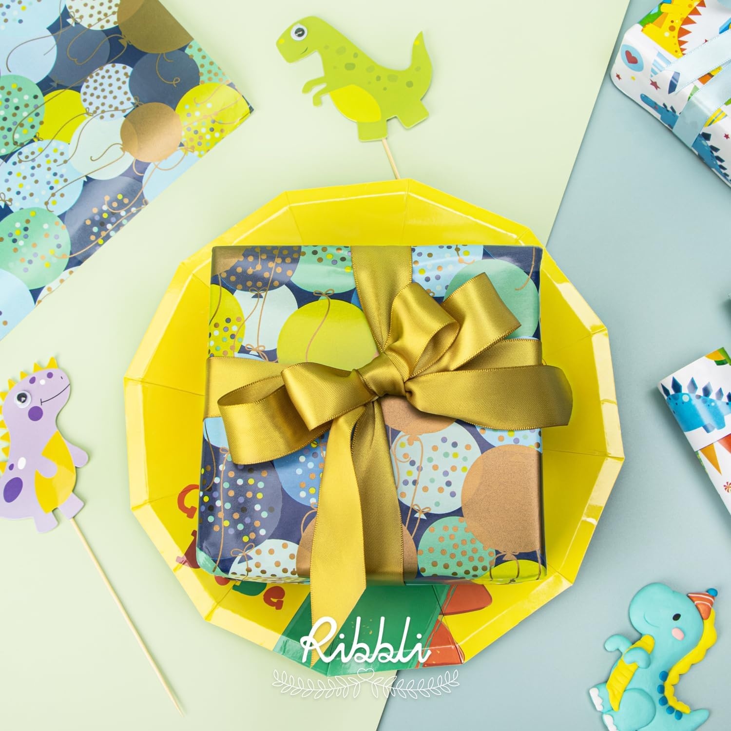 Ribbli Dinosaur Birthday Wrapping Paper 3 Rolls Happy Birthday Dinosaur Balloon Printed Wrapping Paper for Boys- Mini Roll 17 inch x 120 inch(10feet) Per Roll(Blue/White)