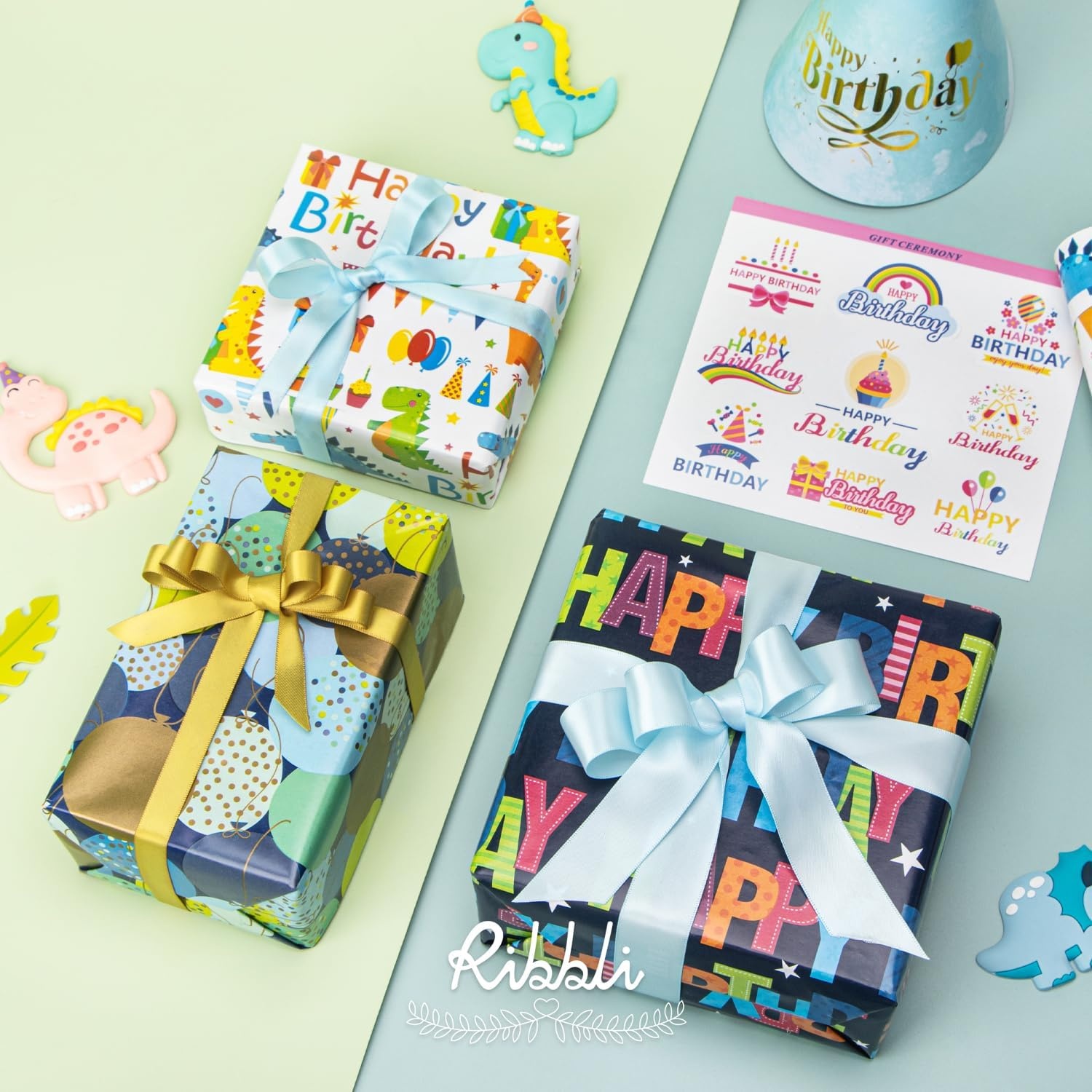 Ribbli Dinosaur Birthday Wrapping Paper 3 Rolls Happy Birthday Dinosaur Balloon Printed Wrapping Paper for Boys- Mini Roll 17 inch x 120 inch(10feet) Per Roll(Blue/White)