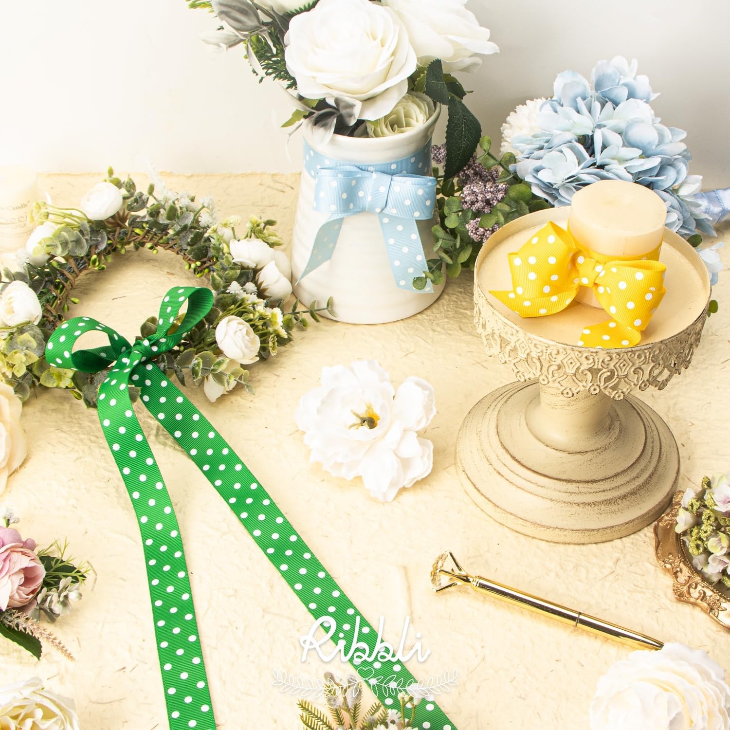 Ribbli Grosgrain Polka Dot Craft Ribbon,7/8 Inch,10-Yard Spool,Daffodil Yellow with White Dots,Use for Hair Bows,Gift Wrapping,All Crafting and Sewing(Emerald Green/White)