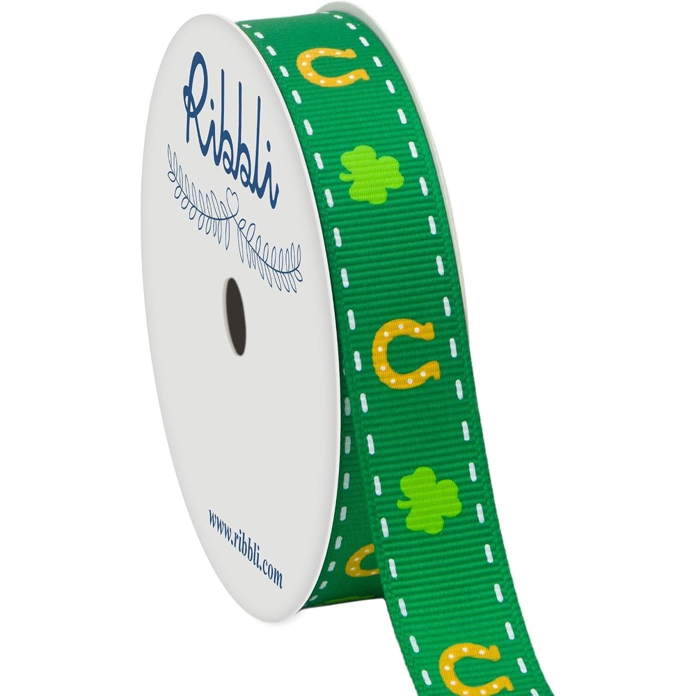 Ribbli Grosgrain Shamrock & Horseshoe Craft Ribbon,5/8-Inch,10-Yard Spool, Emerald/Yellow/White, Use for St. Patrick’s Day,Gift Wrapping,Party Decoration