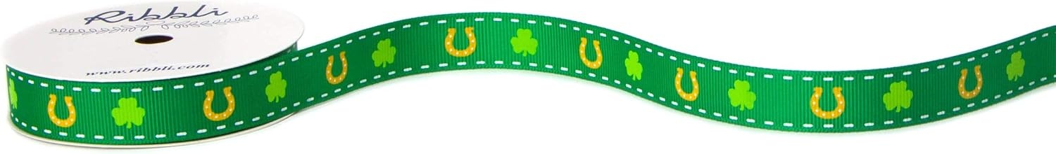 Ribbli Grosgrain Shamrock & Horseshoe Craft Ribbon,5/8-Inch,10-Yard Spool, Emerald/Yellow/White, Use for St. Patrick’s Day,Gift Wrapping,Party Decoration