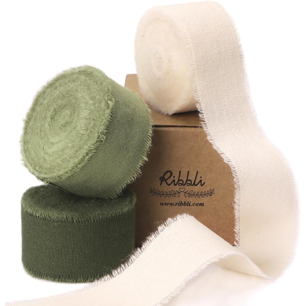 Ribbli 3 Rolls Dusty Blue Ribbon 1.5 Inch x 18Yards Handmade Cotton Frayed Fringe Ribbons for Gift Wrapping Wedding Invites Bridal Bouquets Baby Shower DIY Crafts Home Decor(Ivory/Sage/Moss)