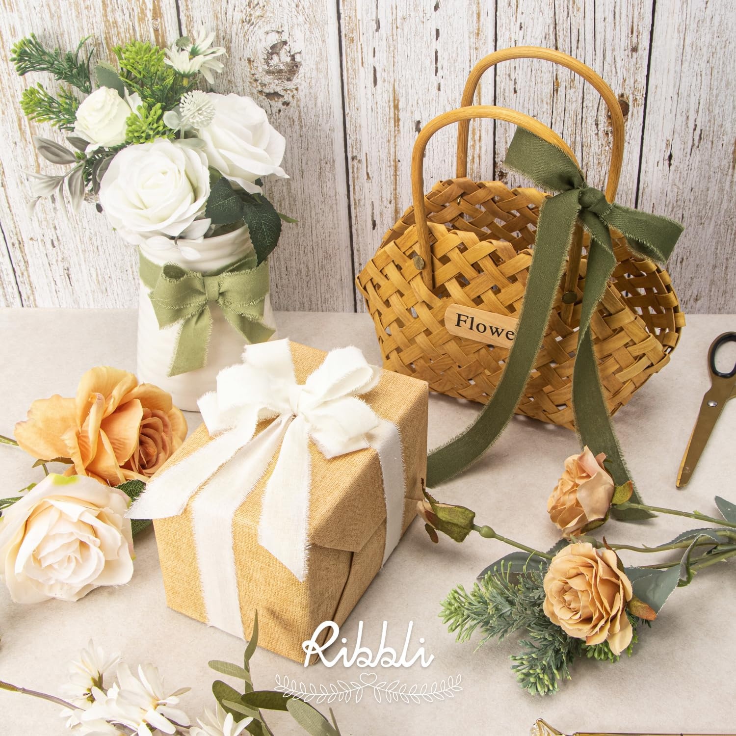Ribbli 3 Rolls Dusty Blue Ribbon 1.5 Inch x 18Yards Handmade Cotton Frayed Fringe Ribbons for Gift Wrapping Wedding Invites Bridal Bouquets Baby Shower DIY Crafts Home Decor(Ivory/Sage/Moss)