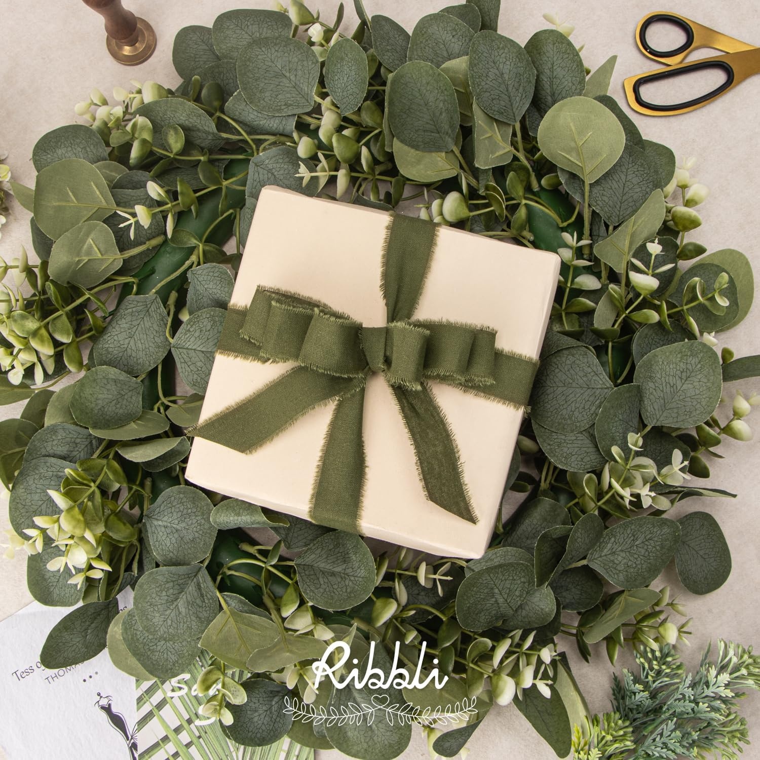 Ribbli 3 Rolls Dusty Blue Ribbon 1.5 Inch x 18Yards Handmade Cotton Frayed Fringe Ribbons for Gift Wrapping Wedding Invites Bridal Bouquets Baby Shower DIY Crafts Home Decor(Ivory/Sage/Moss)