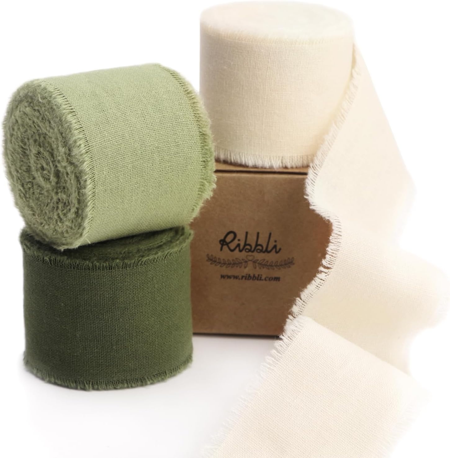 Ribbli 3 Rolls Dusty Blue Ribbon 1.5 Inch x 18Yards Handmade Cotton Frayed Fringe Ribbons for Gift Wrapping Wedding Invites Bridal Bouquets Baby Shower DIY Crafts Home Decor(Ivory/Sage/Moss)