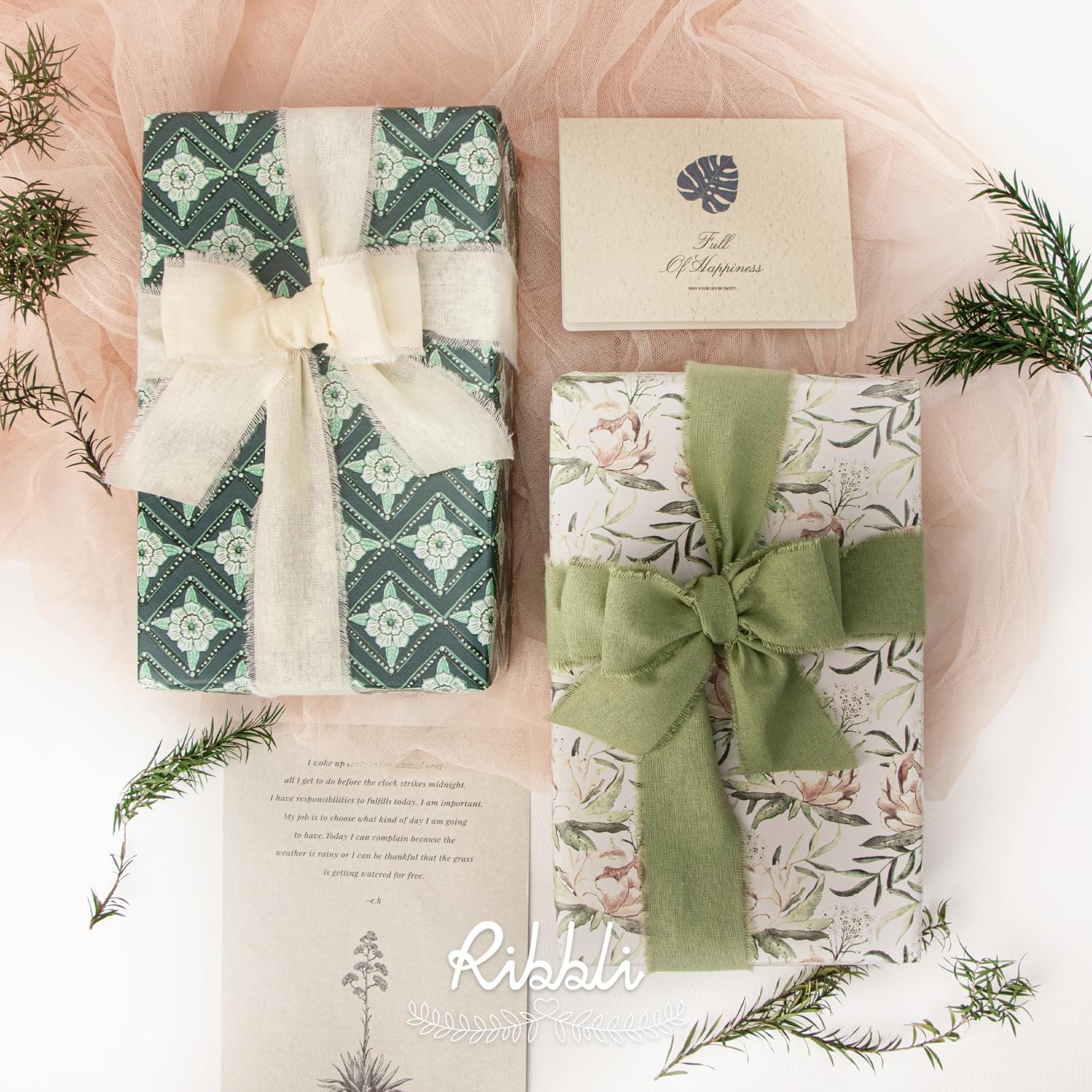 Ribbli 3 Rolls Dusty Blue Ribbon 1.5 Inch x 18Yards Handmade Cotton Frayed Fringe Ribbons for Gift Wrapping Wedding Invites Bridal Bouquets Baby Shower DIY Crafts Home Decor(Ivory/Sage/Moss)