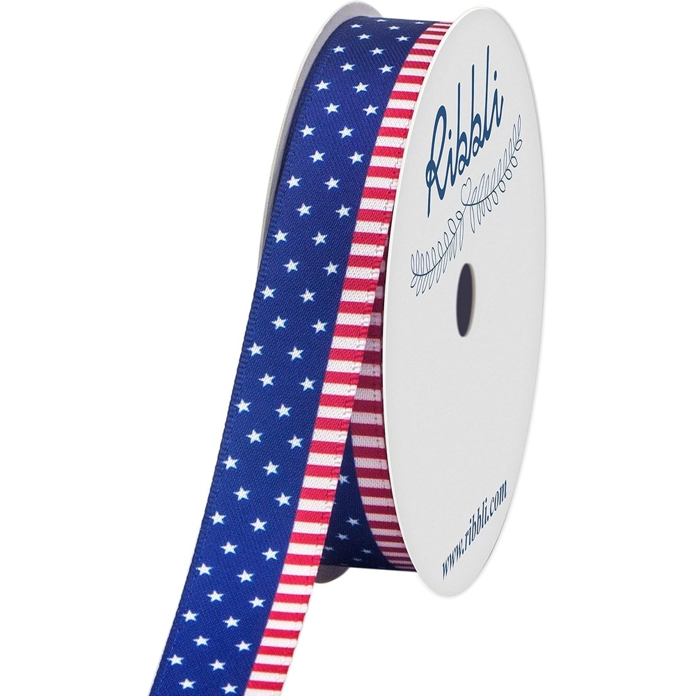 Ribbli Satin Stars and Stripes Patriotic Craft Ribbon,5/8-Inch x 10-Yard,Navy/White/Red,Use for Memorial Day, Veterans Day, 4th of July, President’s Day, USA Decorations