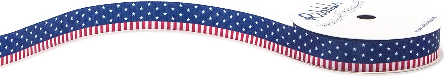 Ribbli Satin Stars and Stripes Patriotic Craft Ribbon,5/8-Inch x 10-Yard,Navy/White/Red,Use for Memorial Day, Veterans Day, 4th of July, President’s Day, USA Decorations