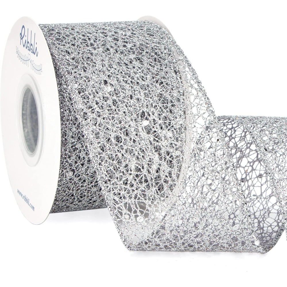 Ribbli Christmas Ribbon,Glitter Mesh Wired Ribbon for Christmas Tree, Silver Sparkling 2.5 Inch x 10 Yard for Crafts, Big Bow,Gift Wrapping, Wreath(Silver)