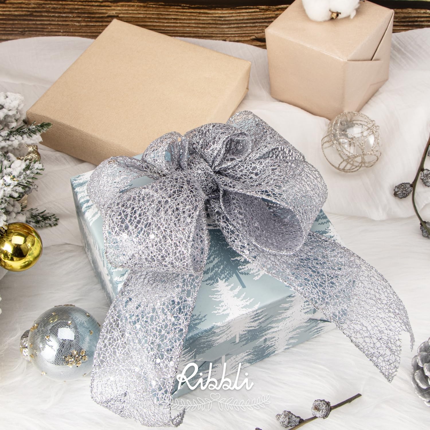 Ribbli Christmas Ribbon,Glitter Mesh Wired Ribbon for Christmas Tree, Silver Sparkling 2.5 Inch x 10 Yard for Crafts, Big Bow,Gift Wrapping, Wreath(Silver)