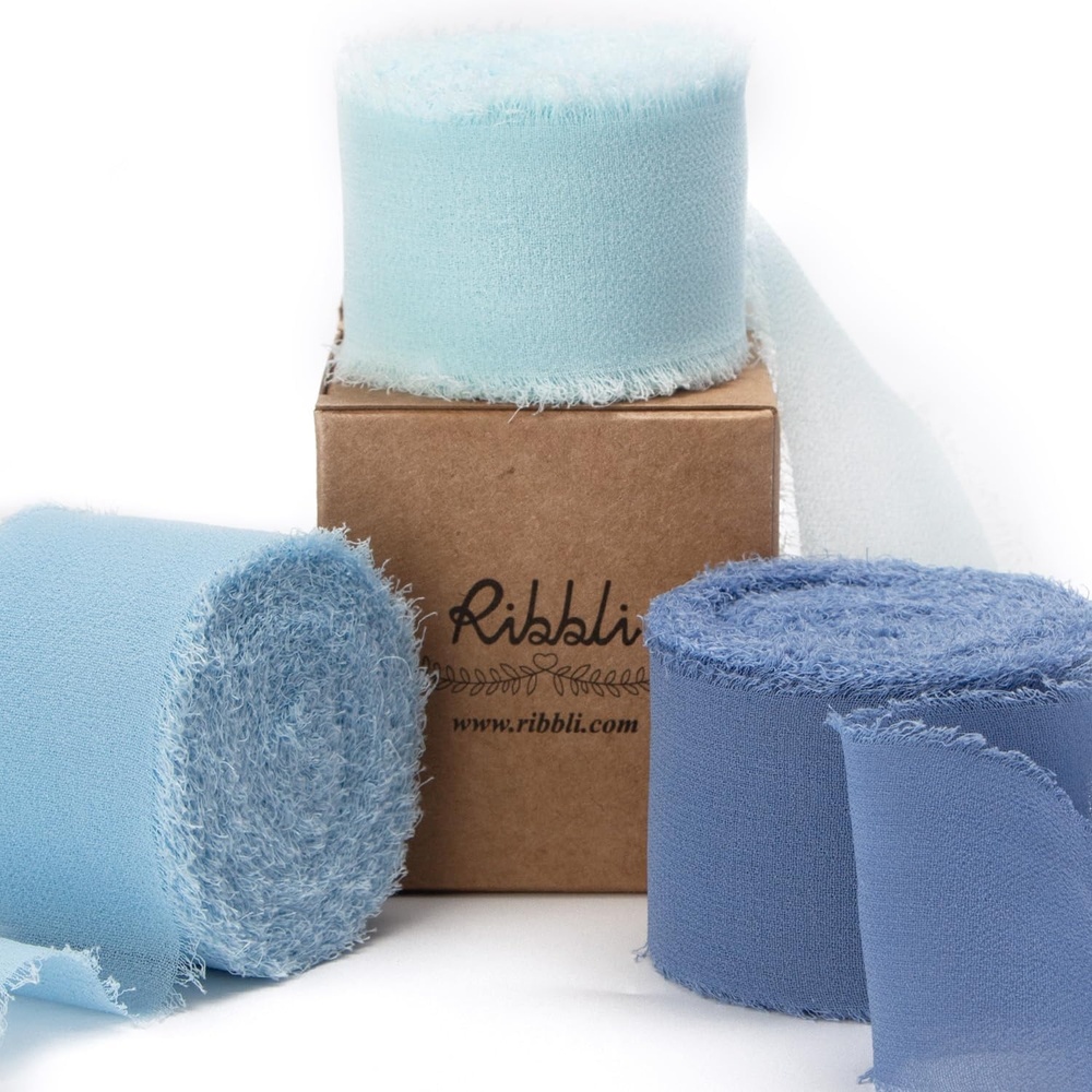 Ribbli Chiffon Silk Ribbon, 1.5 inch x 30 Yard, Champagne/Terracotta/Rust Red Fringe Chiffon Fall Ribbon for Wedding Invitations, Bridal Bouquets Wrapping, Flower Arrangement Decoration(Lt.Blue/Baby Blue/Dusty Blue)