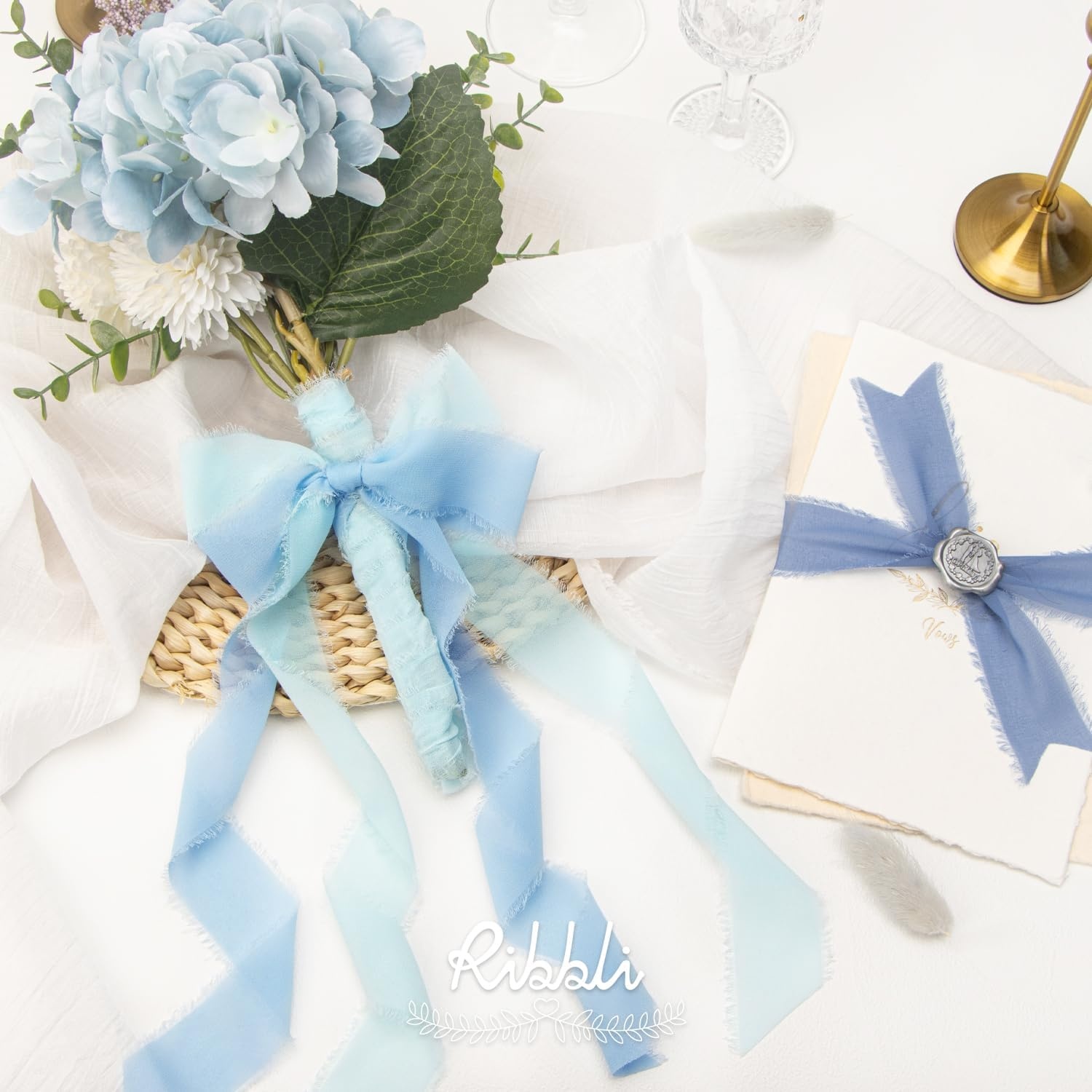 Ribbli Chiffon Silk Ribbon, 1.5 inch x 30 Yard, Champagne/Terracotta/Rust Red Fringe Chiffon Fall Ribbon for Wedding Invitations, Bridal Bouquets Wrapping, Flower Arrangement Decoration(Lt.Blue/Baby Blue/Dusty Blue)