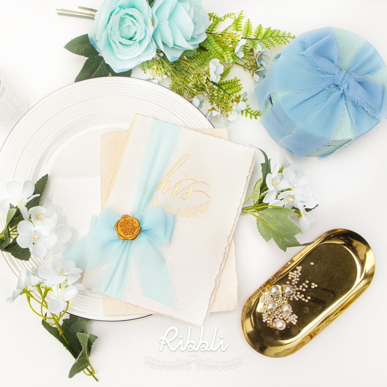 Ribbli Chiffon Silk Ribbon, 1.5 inch x 30 Yard, Champagne/Terracotta/Rust Red Fringe Chiffon Fall Ribbon for Wedding Invitations, Bridal Bouquets Wrapping, Flower Arrangement Decoration(Lt.Blue/Baby Blue/Dusty Blue)