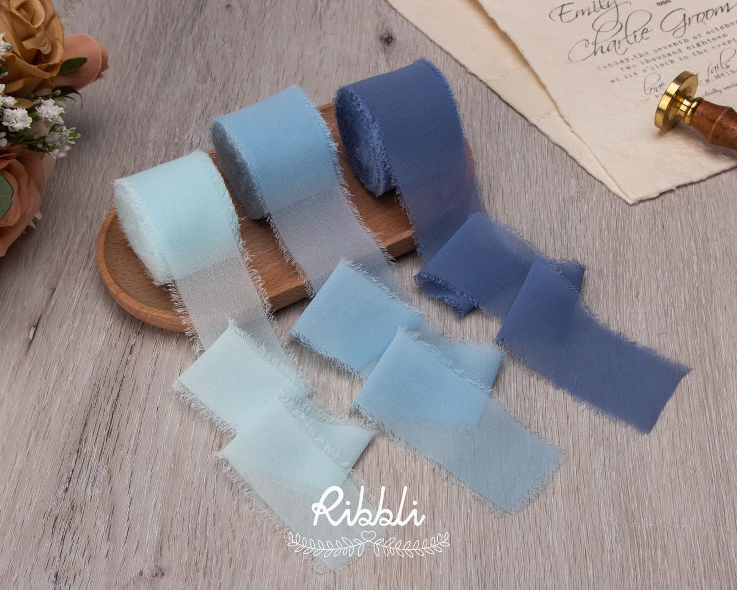 Ribbli Chiffon Silk Ribbon, 1.5 inch x 30 Yard, Champagne/Terracotta/Rust Red Fringe Chiffon Fall Ribbon for Wedding Invitations, Bridal Bouquets Wrapping, Flower Arrangement Decoration(Lt.Blue/Baby Blue/Dusty Blue)