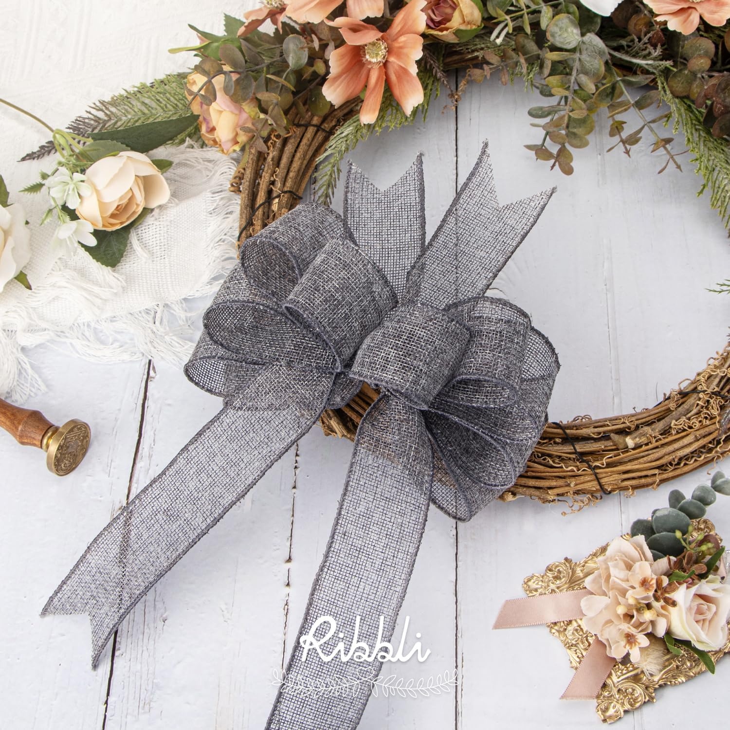 Ribbli Pink Burlap Valentine’s Day Wired Ribbon,1-1/2 Inch x 10 Yard,Easter Wired Edge Ribbon for Big Bow,Wreath,Tree Decoration,Outdoor Decoration(Gray)