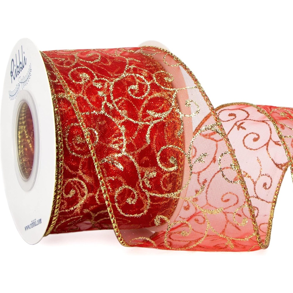 Ribbli Swirl Glitter Wired Ribbon, Red Organza Sheer with Gold Glitter Swirl Pattern and Gold Metallic Edge,2-1/2Inch x 10Yards Christmas Ribbon for Tree Decoration(Red/Gold)