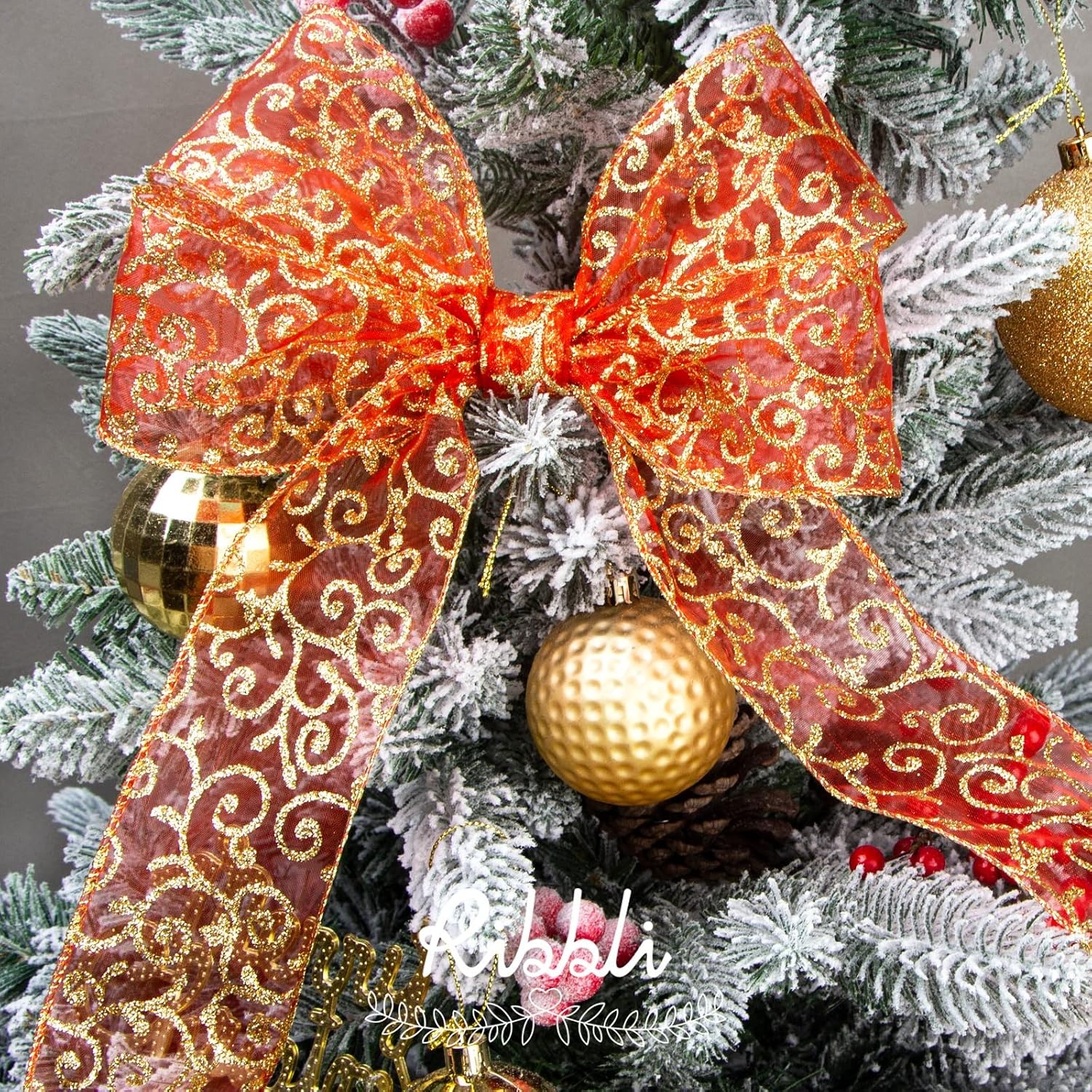 Ribbli Swirl Glitter Wired Ribbon, Red Organza Sheer with Gold Glitter Swirl Pattern and Gold Metallic Edge,2-1/2Inch x 10Yards Christmas Ribbon for Tree Decoration(Red/Gold)