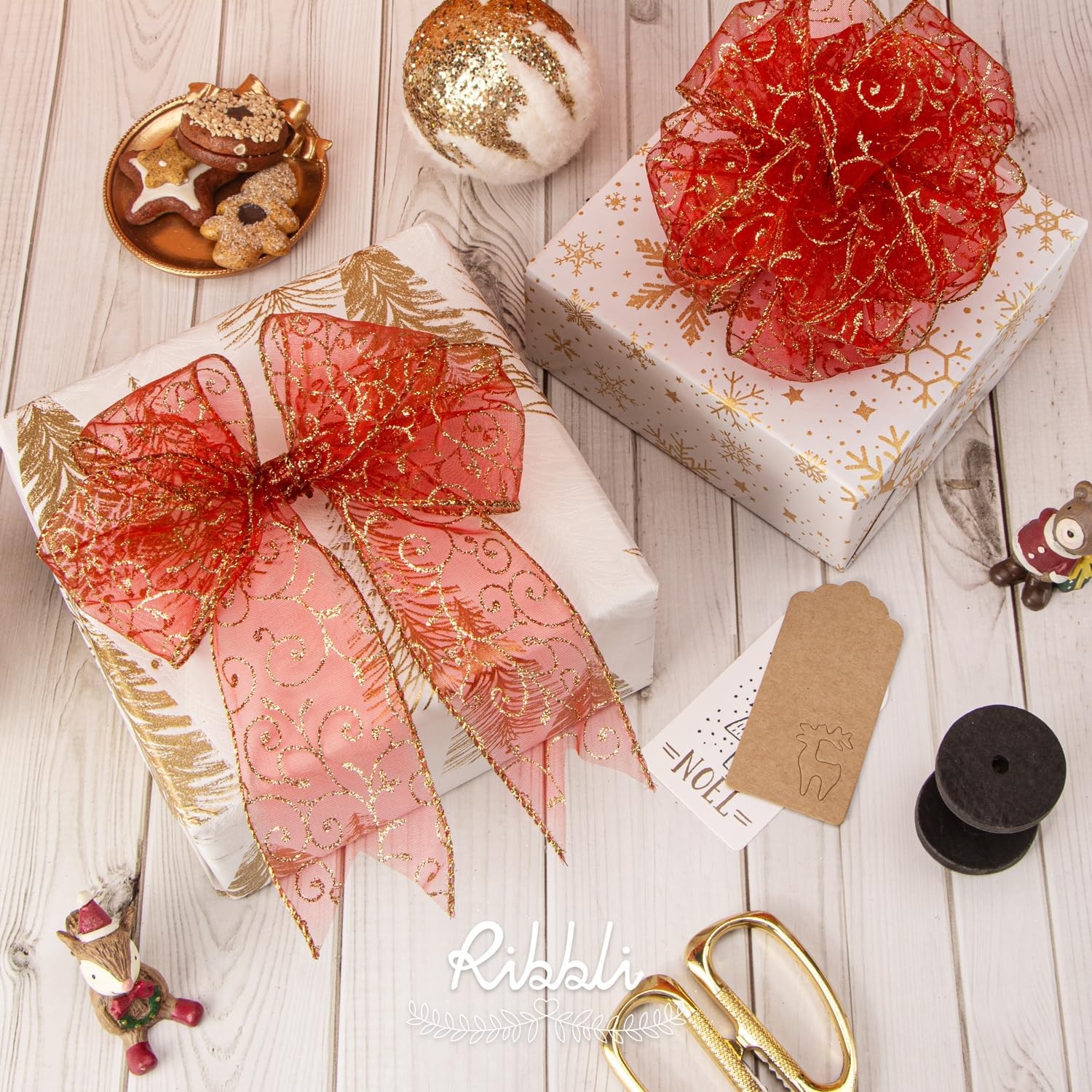 Ribbli Swirl Glitter Wired Ribbon, Red Organza Sheer with Gold Glitter Swirl Pattern and Gold Metallic Edge,2-1/2Inch x 10Yards Christmas Ribbon for Tree Decoration(Red/Gold)