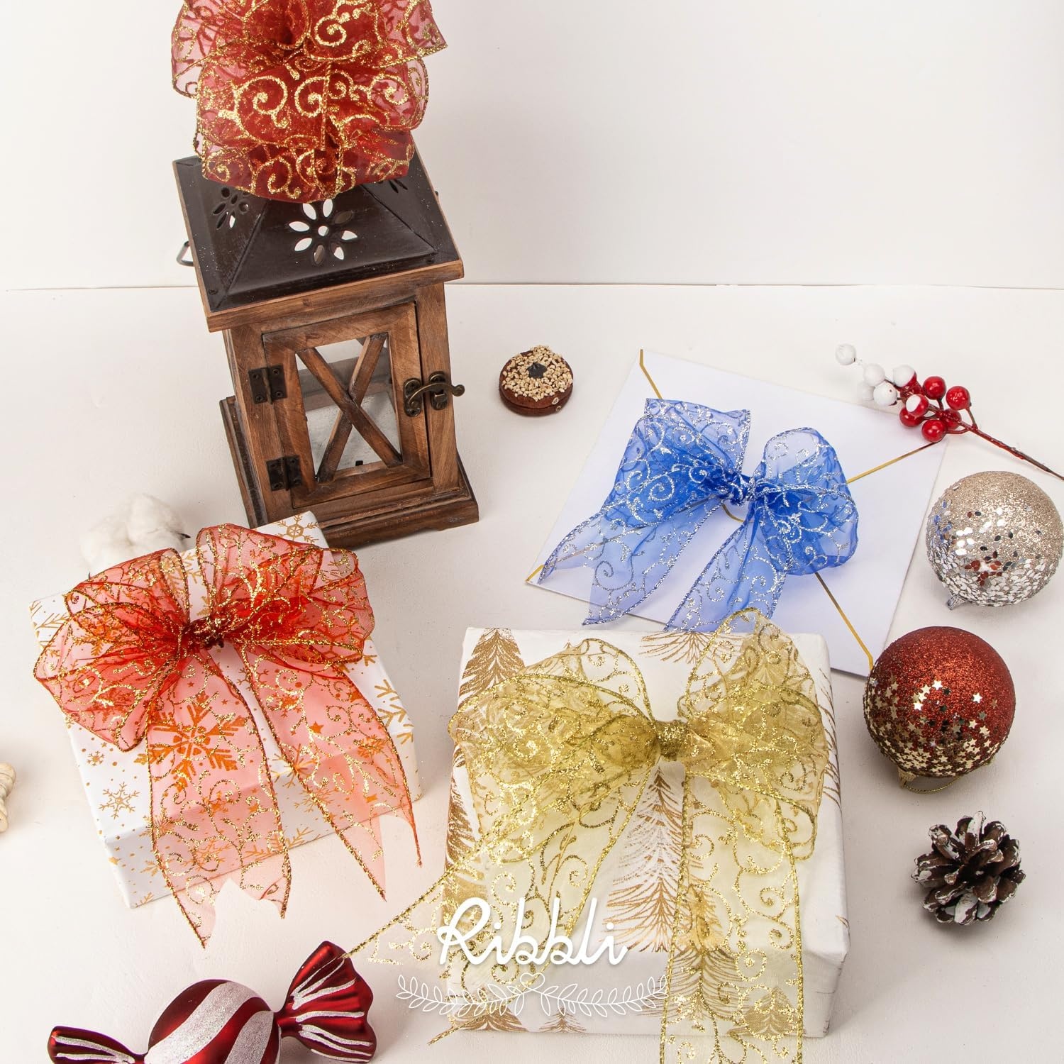 Ribbli Swirl Glitter Wired Ribbon, Red Organza Sheer with Gold Glitter Swirl Pattern and Gold Metallic Edge,2-1/2Inch x 10Yards Christmas Ribbon for Tree Decoration(Red/Gold)