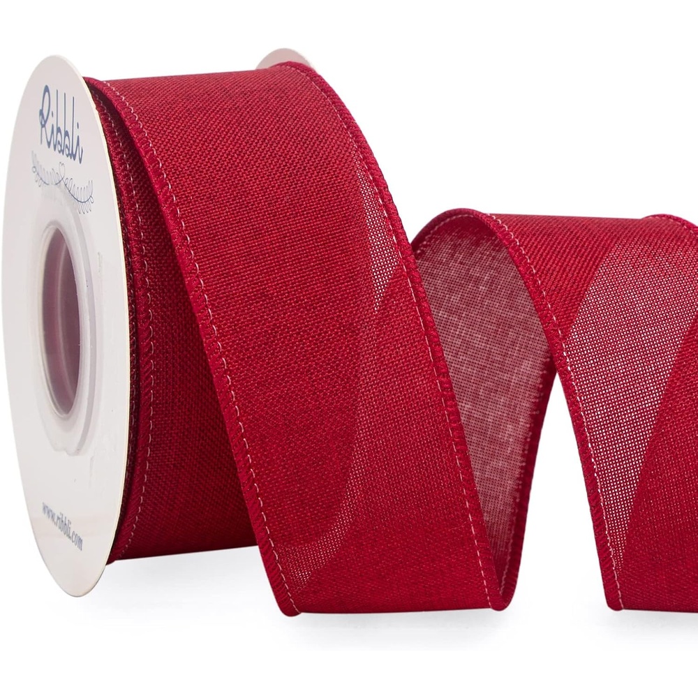 Ribbli Pink Linen Wired Ribbon, 1-1/2 Inch x 10 Yard, Pink Burlap Wired Ribbon for Easter Wreaths, Big Bows, Gift Wrapping, Christmas Tree Decoration(Dark Red)