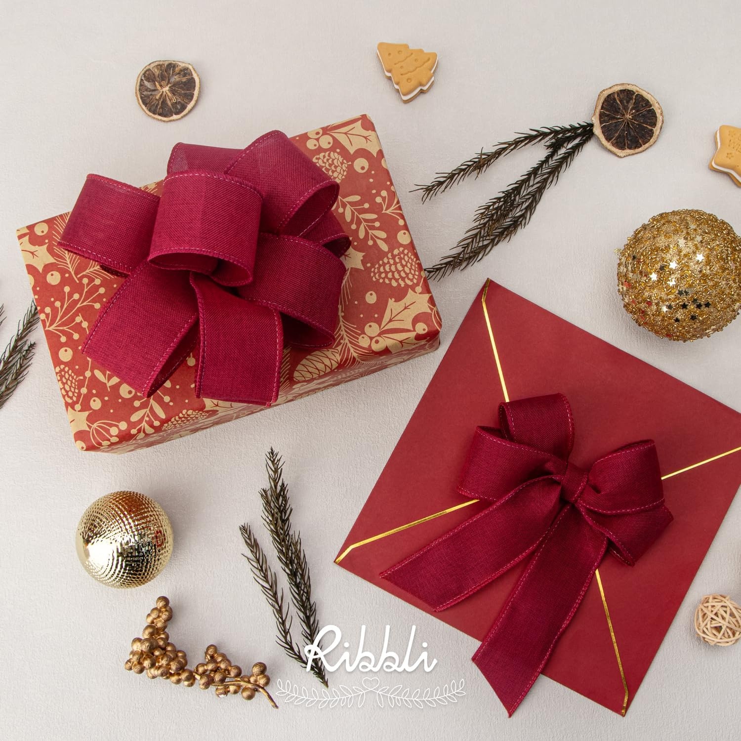 Ribbli Pink Linen Wired Ribbon, 1-1/2 Inch x 10 Yard, Pink Burlap Wired Ribbon for Easter Wreaths, Big Bows, Gift Wrapping, Christmas Tree Decoration(Dark Red)