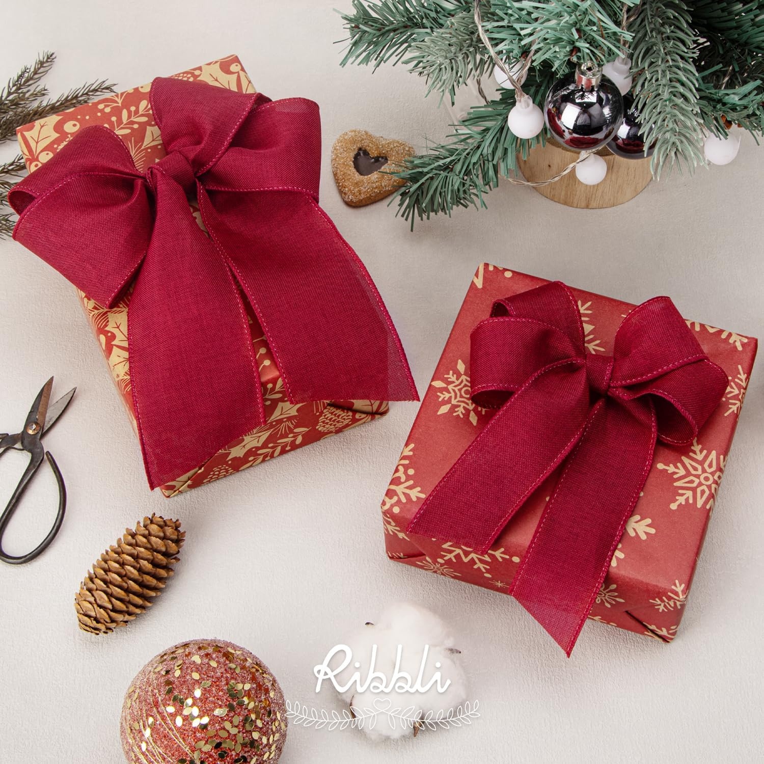 Ribbli Pink Linen Wired Ribbon, 1-1/2 Inch x 10 Yard, Pink Burlap Wired Ribbon for Easter Wreaths, Big Bows, Gift Wrapping, Christmas Tree Decoration(Dark Red)