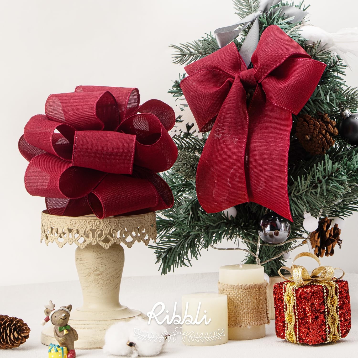 Ribbli Pink Linen Wired Ribbon, 1-1/2 Inch x 10 Yard, Pink Burlap Wired Ribbon for Easter Wreaths, Big Bows, Gift Wrapping, Christmas Tree Decoration(Dark Red)
