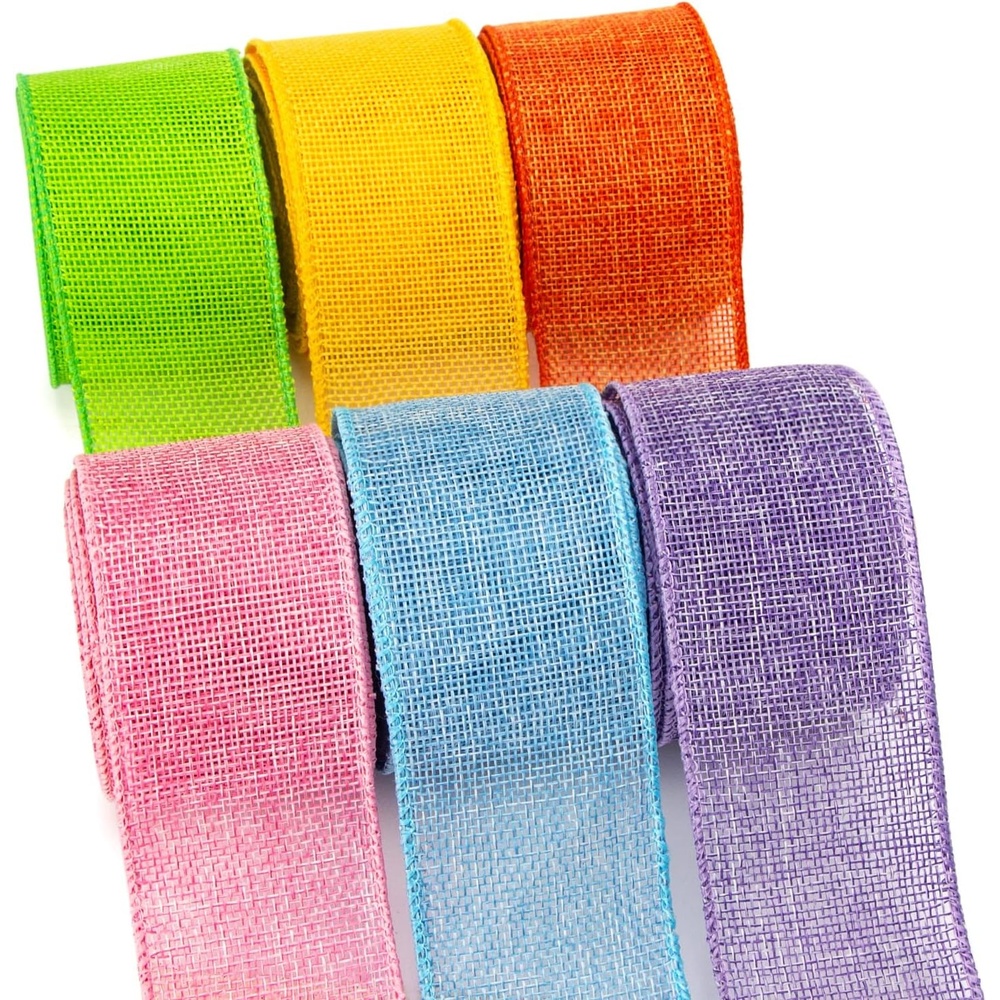 Ribbli Easter Burlap Ribbon-Pink/Blue/Lavender/Apple Green/Yellow/Orange Wired Ribbon 2 Inch x 6 Colors Total 30 Yard Easter Ribbon for Crafts Wreaths Big Bow Wrapping Outdoor Decoration