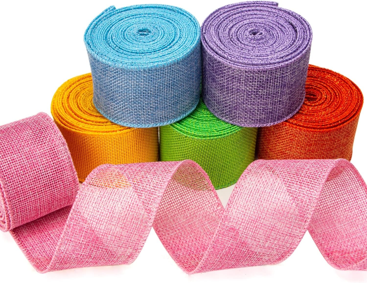 Ribbli Easter Burlap Ribbon-Pink/Blue/Lavender/Apple Green/Yellow/Orange Wired Ribbon 2 Inch x 6 Colors Total 30 Yard Easter Ribbon for Crafts Wreaths Big Bow Wrapping Outdoor Decoration