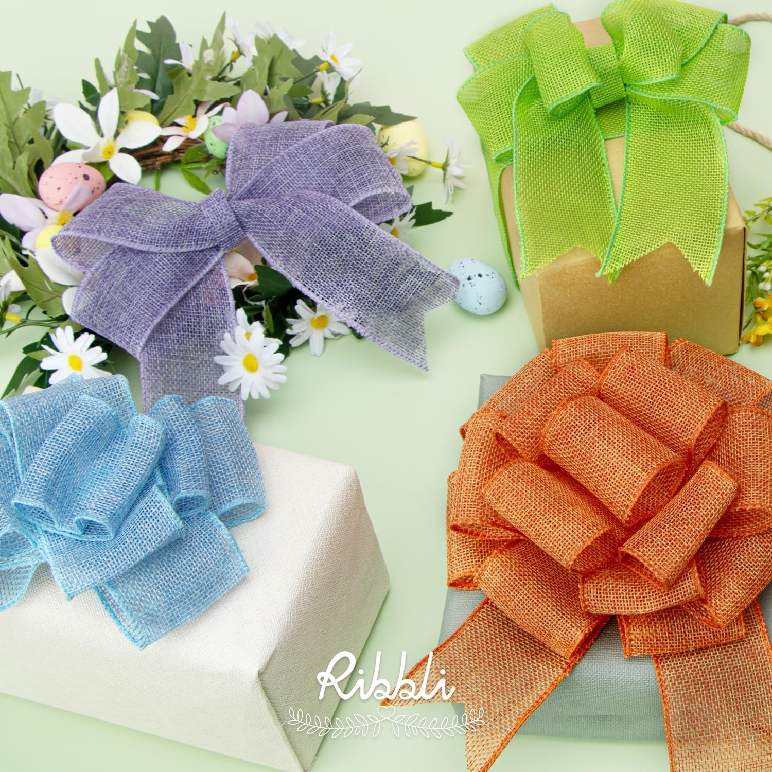 Ribbli Easter Burlap Ribbon-Pink/Blue/Lavender/Apple Green/Yellow/Orange Wired Ribbon 2 Inch x 6 Colors Total 30 Yard Easter Ribbon for Crafts Wreaths Big Bow Wrapping Outdoor Decoration