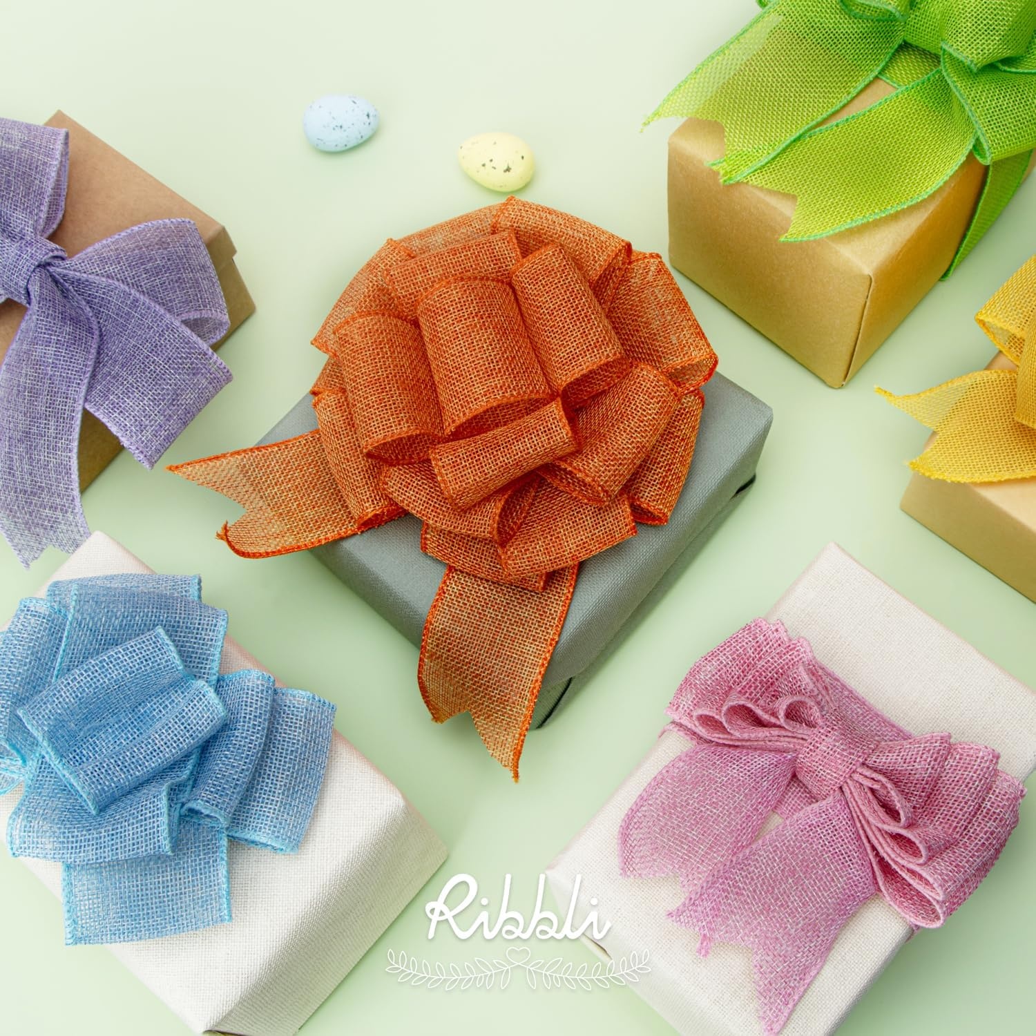 Ribbli Easter Burlap Ribbon-Pink/Blue/Lavender/Apple Green/Yellow/Orange Wired Ribbon 2 Inch x 6 Colors Total 30 Yard Easter Ribbon for Crafts Wreaths Big Bow Wrapping Outdoor Decoration