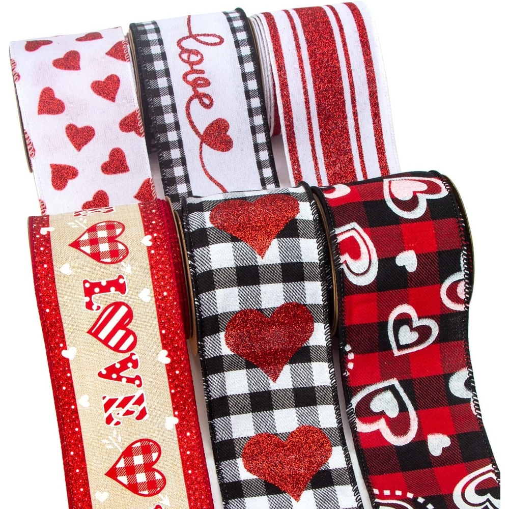 Ribbli Valentine’s Day Ribbon Wired-Valentine Heart Ribbon for Wreaths and Crafts 2-1/2 Inch Total 30 Yard(6 Roll x 5 Yard)-Buffalo Plaid with Heart, Red and White Glitter Ribbon for Gift Wrapping