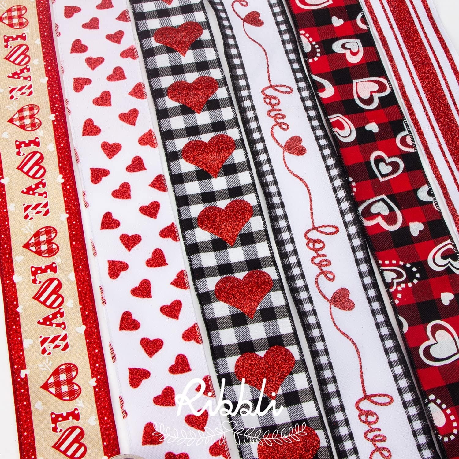 Ribbli Valentine’s Day Ribbon Wired-Valentine Heart Ribbon for Wreaths and Crafts 2-1/2 Inch Total 30 Yard(6 Roll x 5 Yard)-Buffalo Plaid with Heart, Red and White Glitter Ribbon for Gift Wrapping