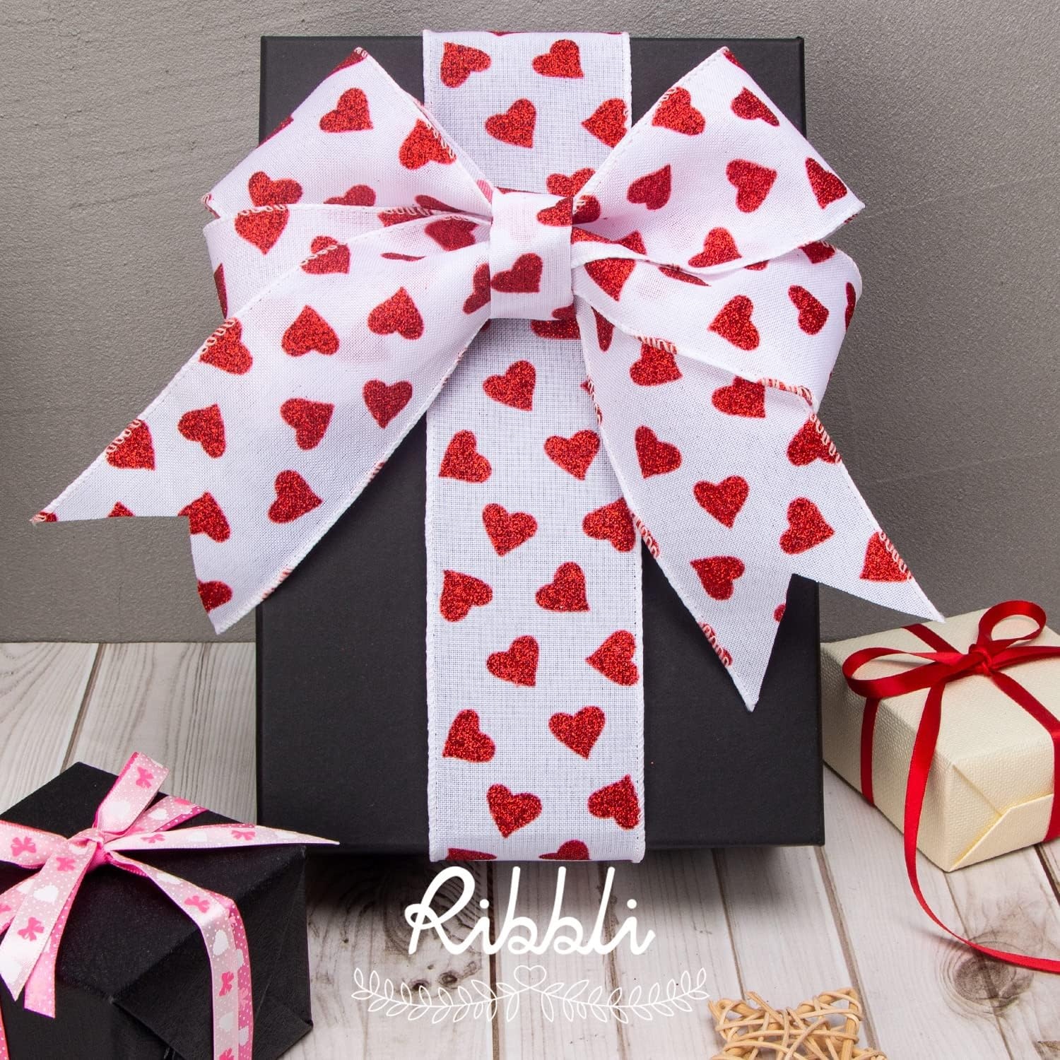 Ribbli Valentine’s Day Ribbon Wired-Valentine Heart Ribbon for Wreaths and Crafts 2-1/2 Inch Total 30 Yard(6 Roll x 5 Yard)-Buffalo Plaid with Heart, Red and White Glitter Ribbon for Gift Wrapping