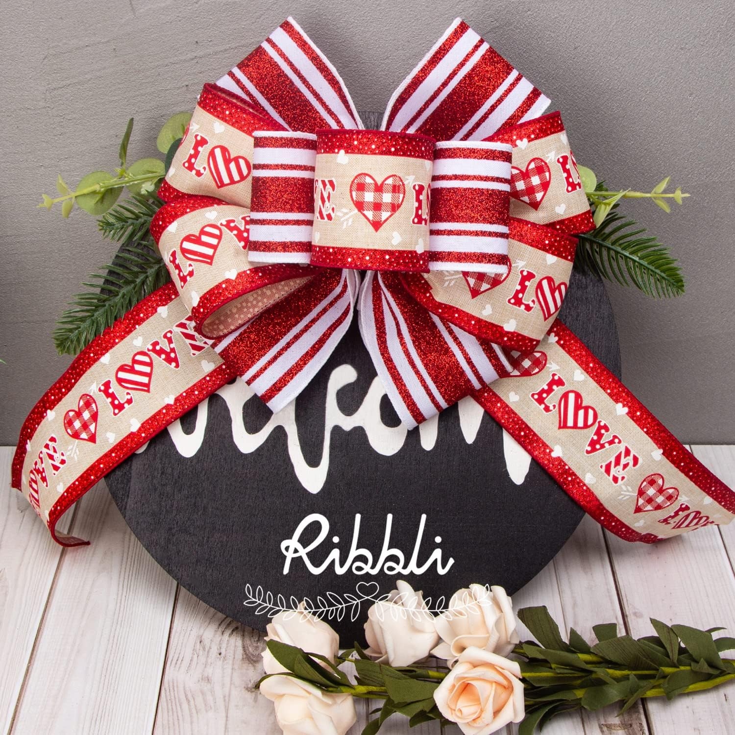 Ribbli Valentine’s Day Ribbon Wired-Valentine Heart Ribbon for Wreaths and Crafts 2-1/2 Inch Total 30 Yard(6 Roll x 5 Yard)-Buffalo Plaid with Heart, Red and White Glitter Ribbon for Gift Wrapping