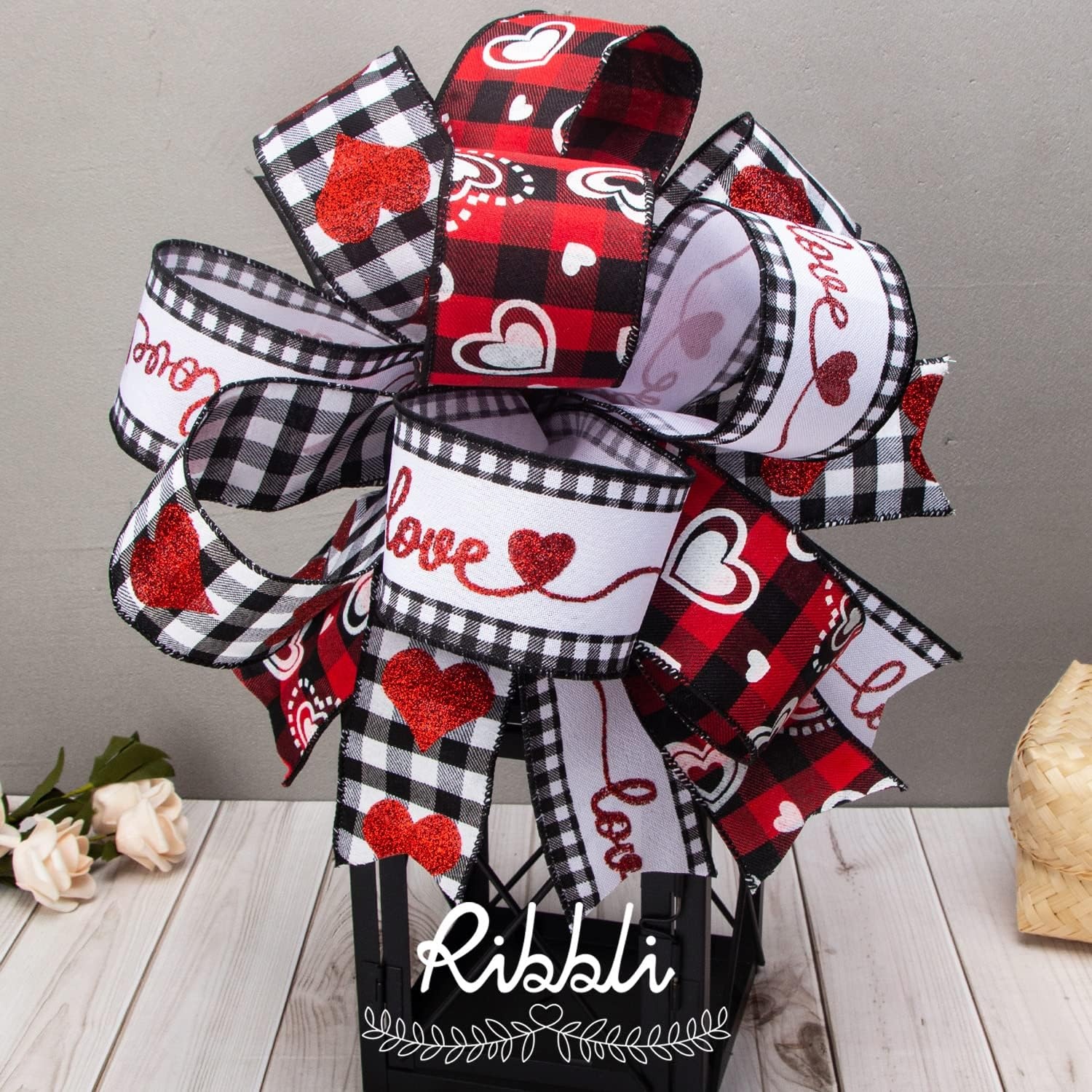 Ribbli Valentine’s Day Ribbon Wired-Valentine Heart Ribbon for Wreaths and Crafts 2-1/2 Inch Total 30 Yard(6 Roll x 5 Yard)-Buffalo Plaid with Heart, Red and White Glitter Ribbon for Gift Wrapping