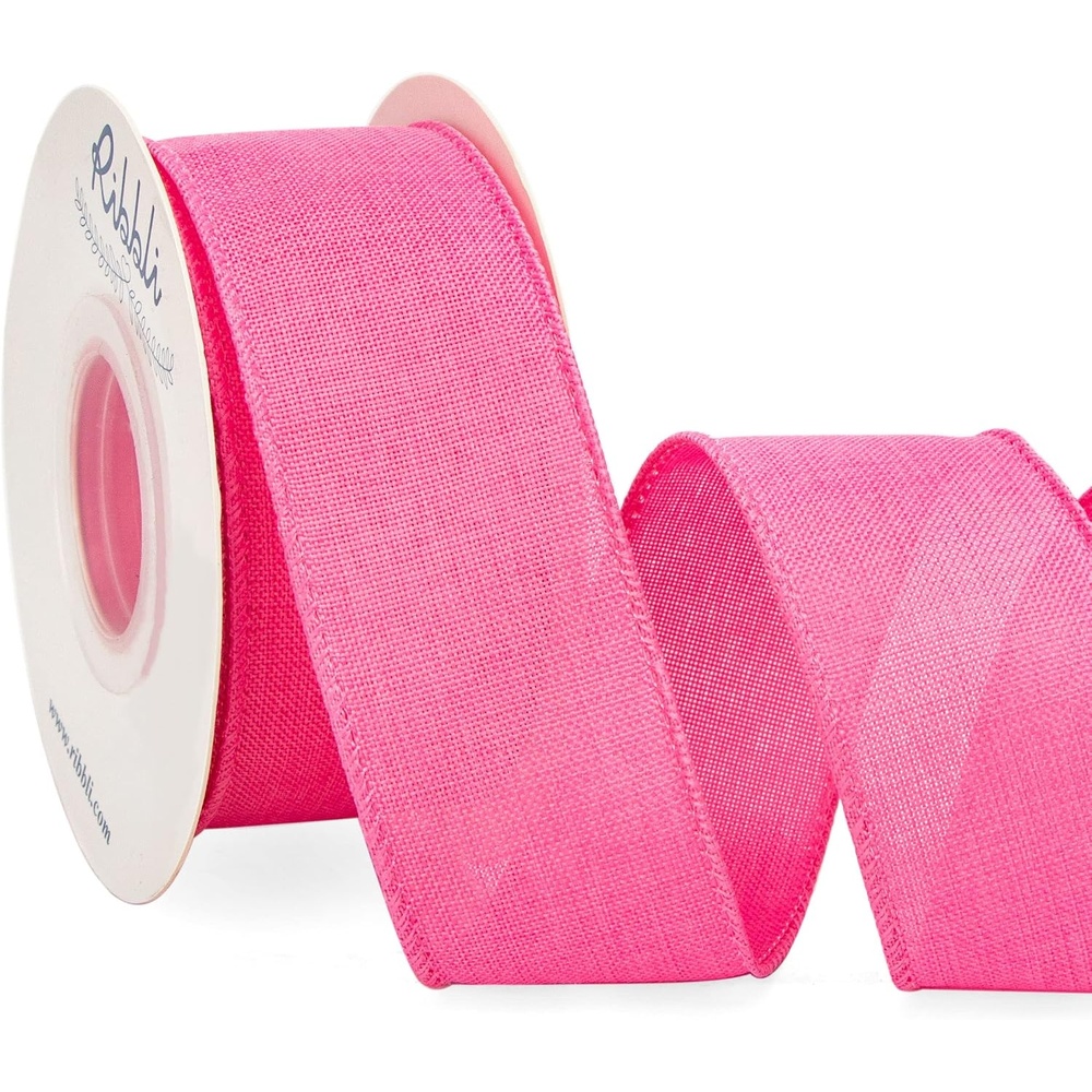 Ribbli Pink Linen Wired Ribbon, 1-1/2 Inch x 10 Yard, Pink Burlap Wired Ribbon for Easter Wreaths, Big Bows, Gift Wrapping, Christmas Tree Decoration(Pink)