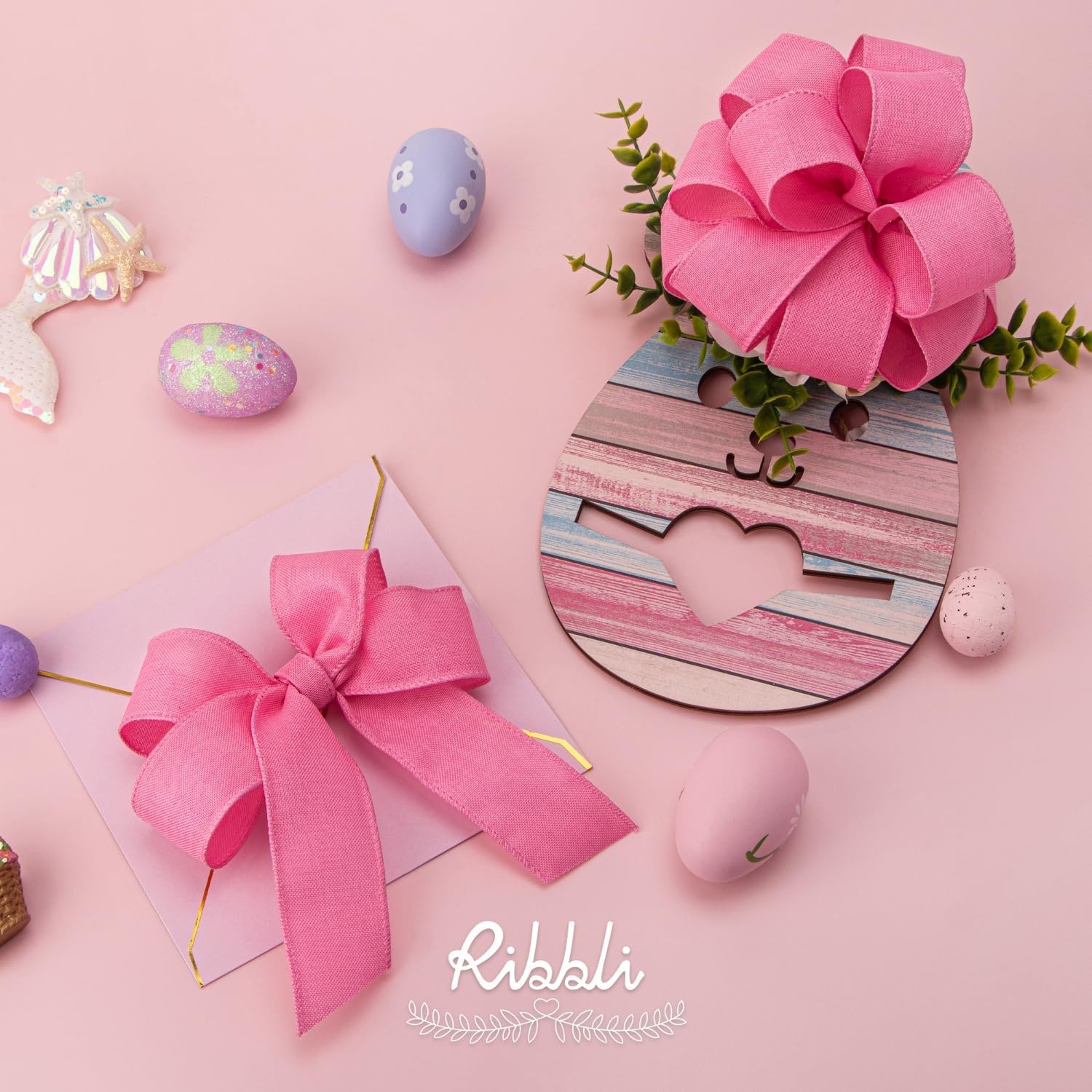 Ribbli Pink Linen Wired Ribbon, 1-1/2 Inch x 10 Yard, Pink Burlap Wired Ribbon for Easter Wreaths, Big Bows, Gift Wrapping, Christmas Tree Decoration(Pink)