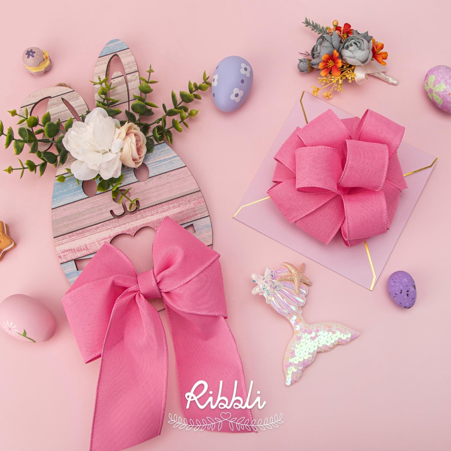 Ribbli Pink Linen Wired Ribbon, 1-1/2 Inch x 10 Yard, Pink Burlap Wired Ribbon for Easter Wreaths, Big Bows, Gift Wrapping, Christmas Tree Decoration(Pink)