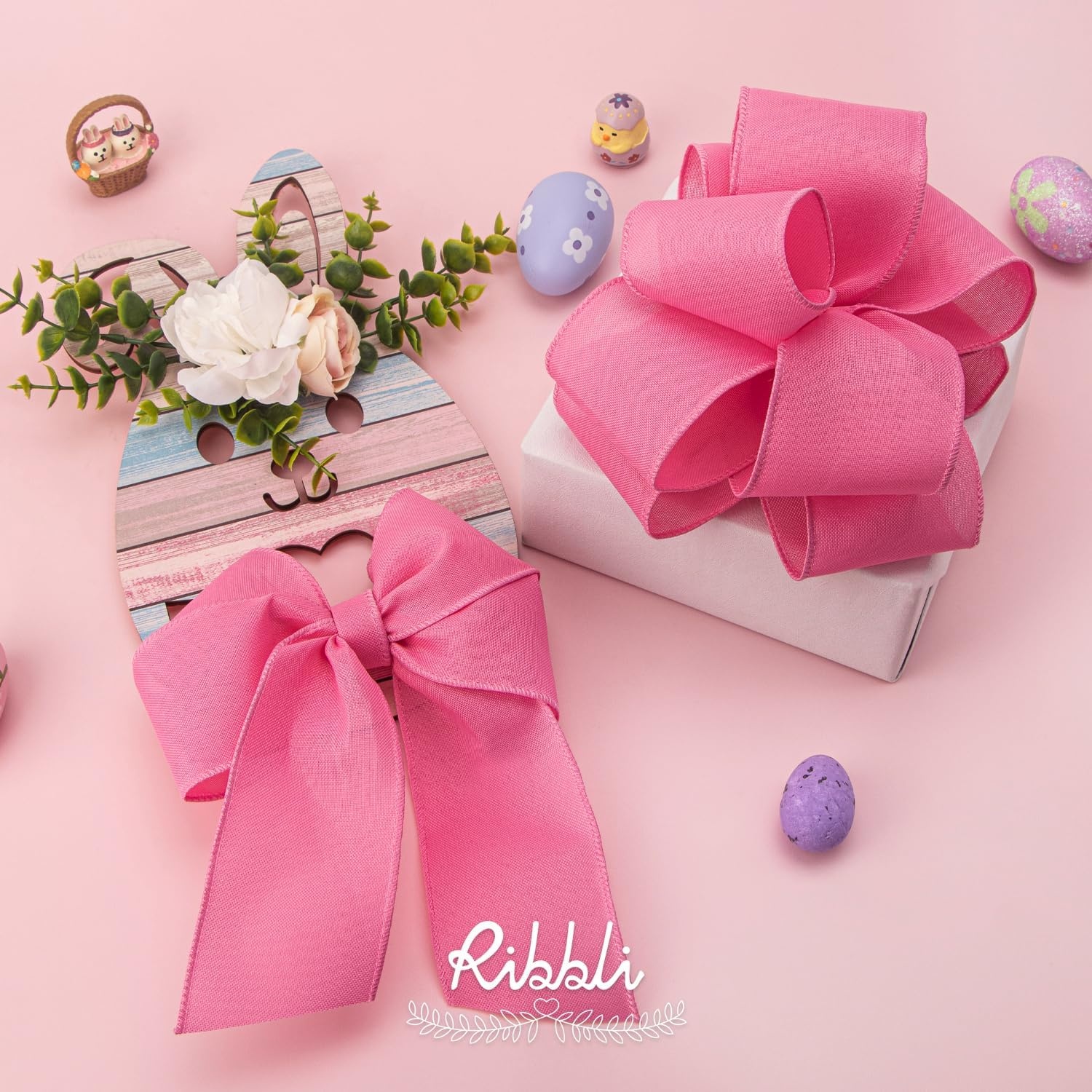 Ribbli Pink Linen Wired Ribbon, 1-1/2 Inch x 10 Yard, Pink Burlap Wired Ribbon for Easter Wreaths, Big Bows, Gift Wrapping, Christmas Tree Decoration(Pink)
