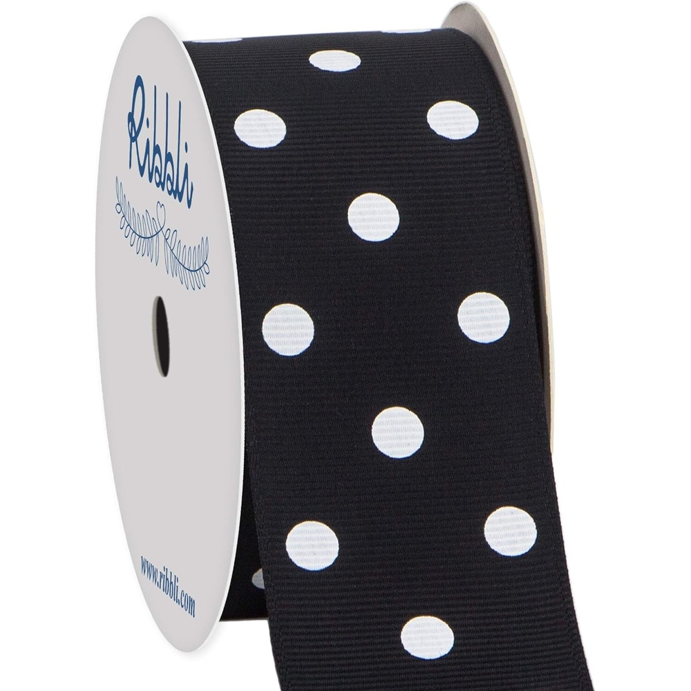 Ribbli Grosgrain Polka Dot Craft Ribbon,1-1/2 Inch,10-Yard Spool,Black with White Dots,Use for Hair Bows,Gift Wrapping,All Crafting and Sewing(Black/White)